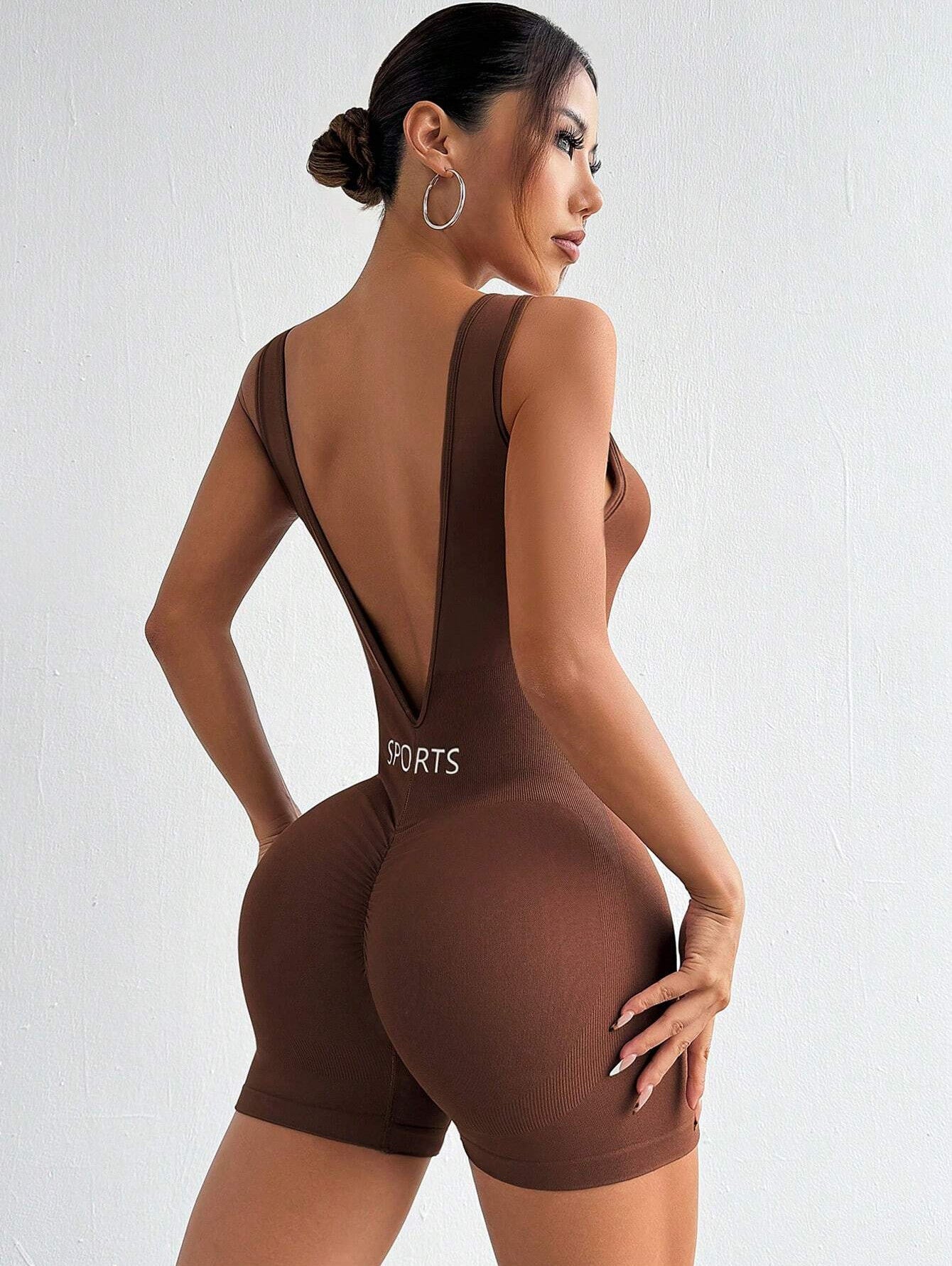 Deep V-Back Ribbed Waist Letter Pint Romper