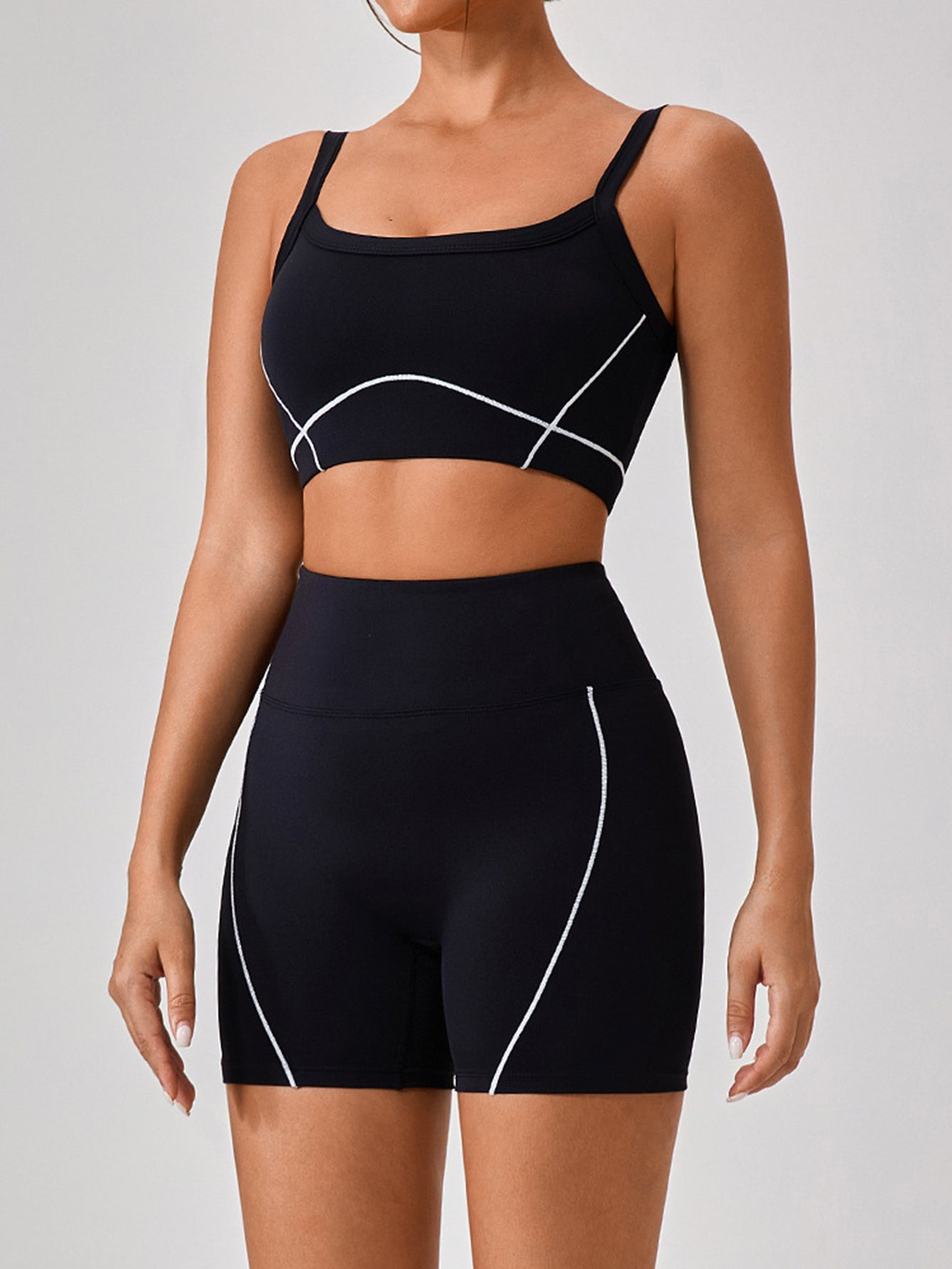 Square Neck Streamlined Design Sports Bra & Shorts Set