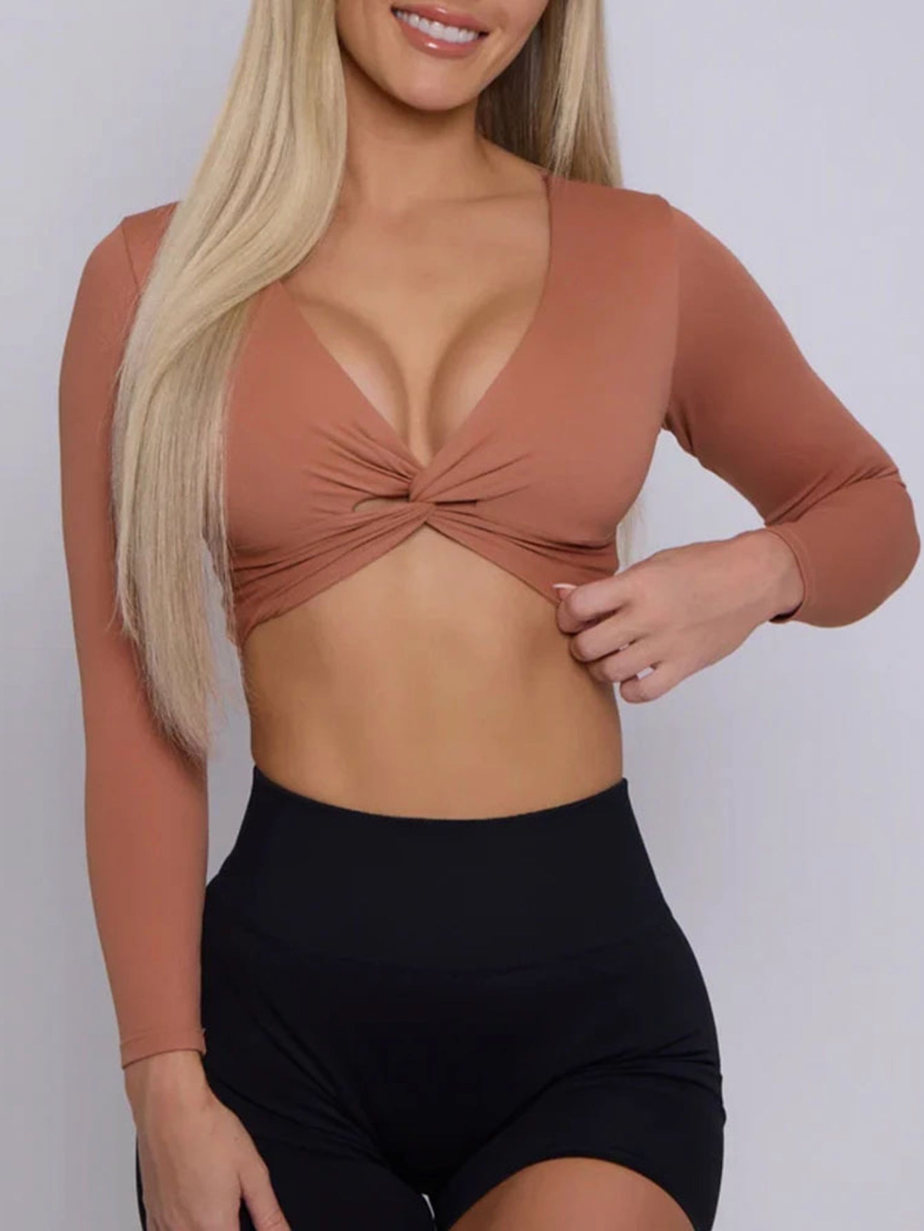 Twist Front Deep V-Neck Long Sleeve Crop Tops