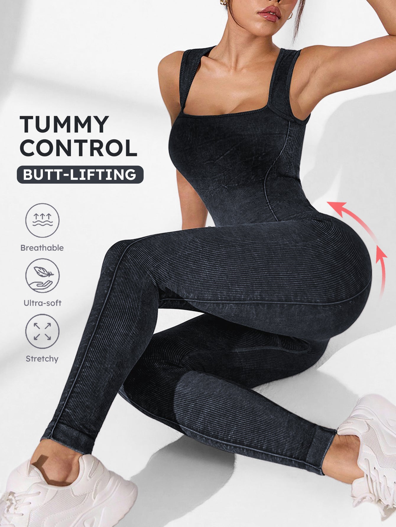 Squra Neck Rib-Knit Tummy Control Jumpsuit