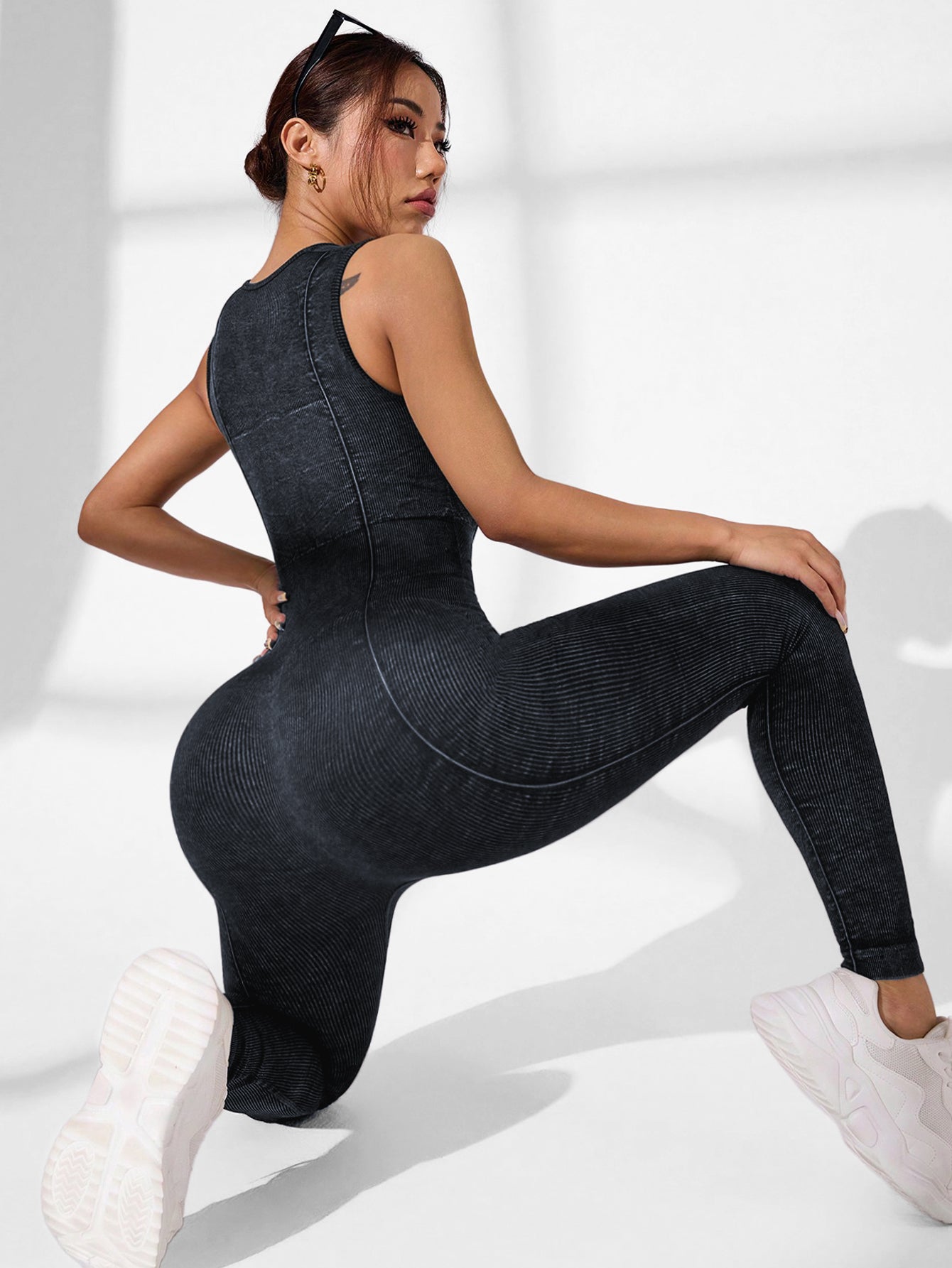 Squra Neck Rib-Knit Tummy Control Jumpsuit