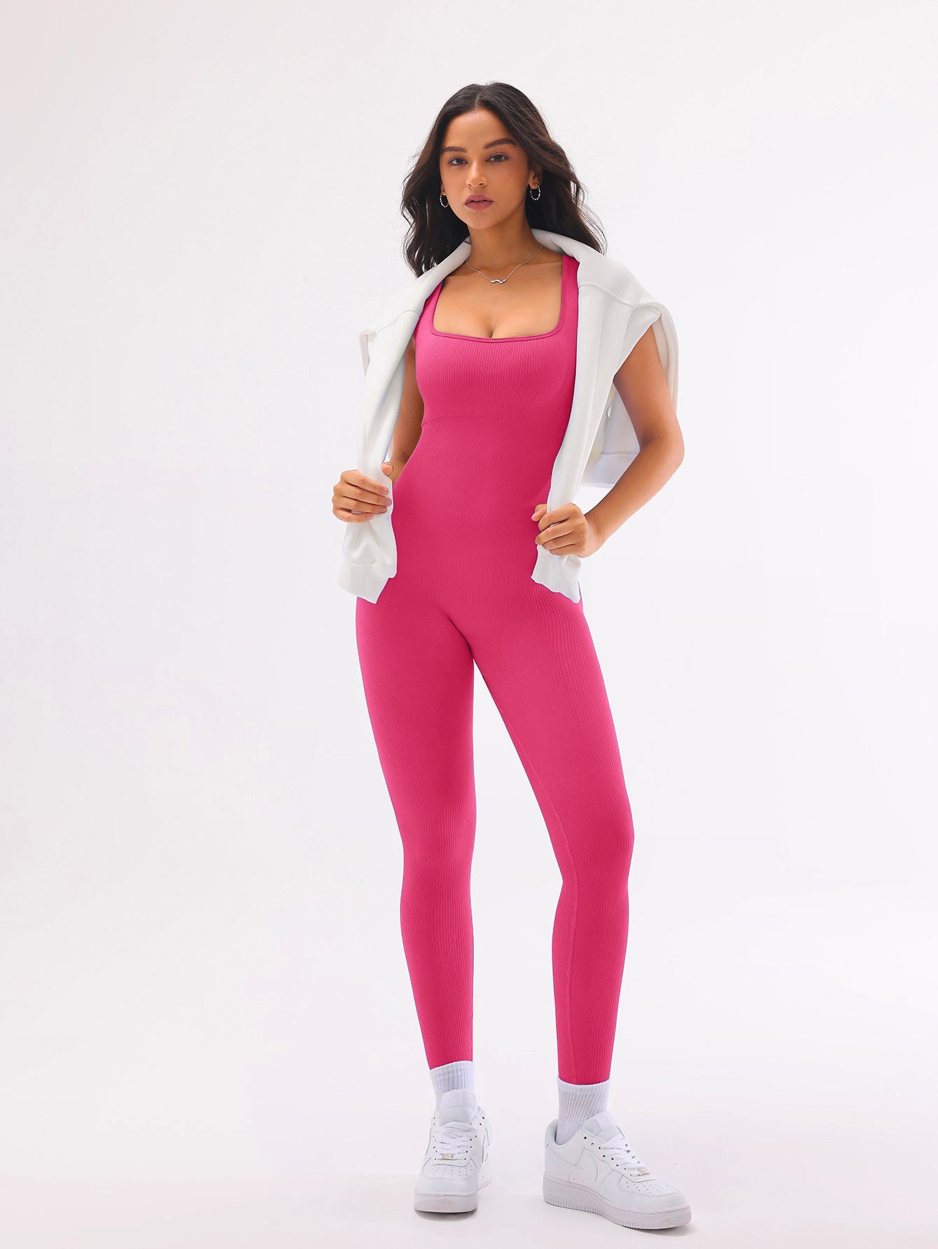 V-Back Scrunch Rib-Knit Sleeveless Seamless Jumpsuit