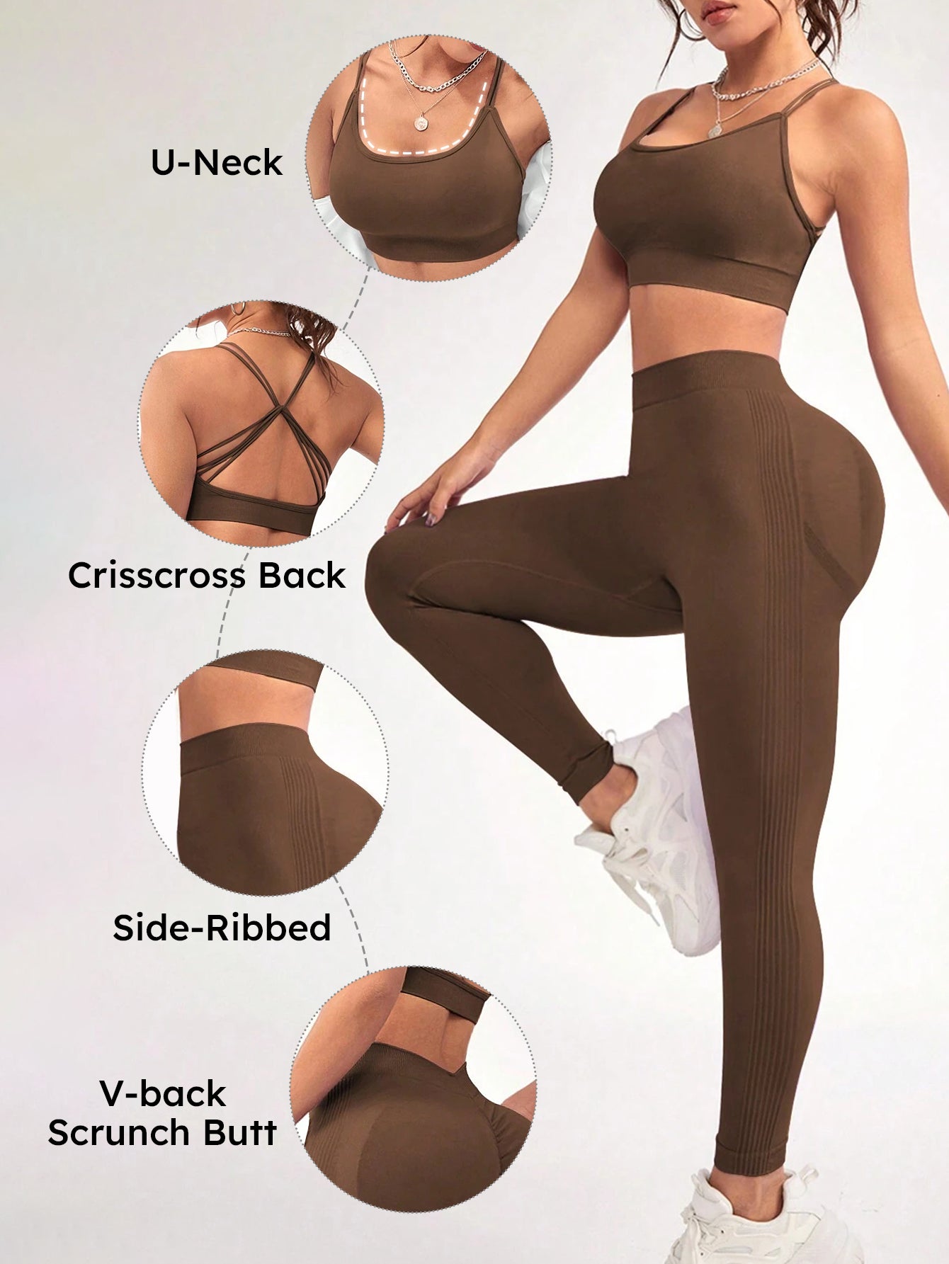 Crisscross Back Sports Bra & Side-Ribbed V-Back Scrunch Legging Set