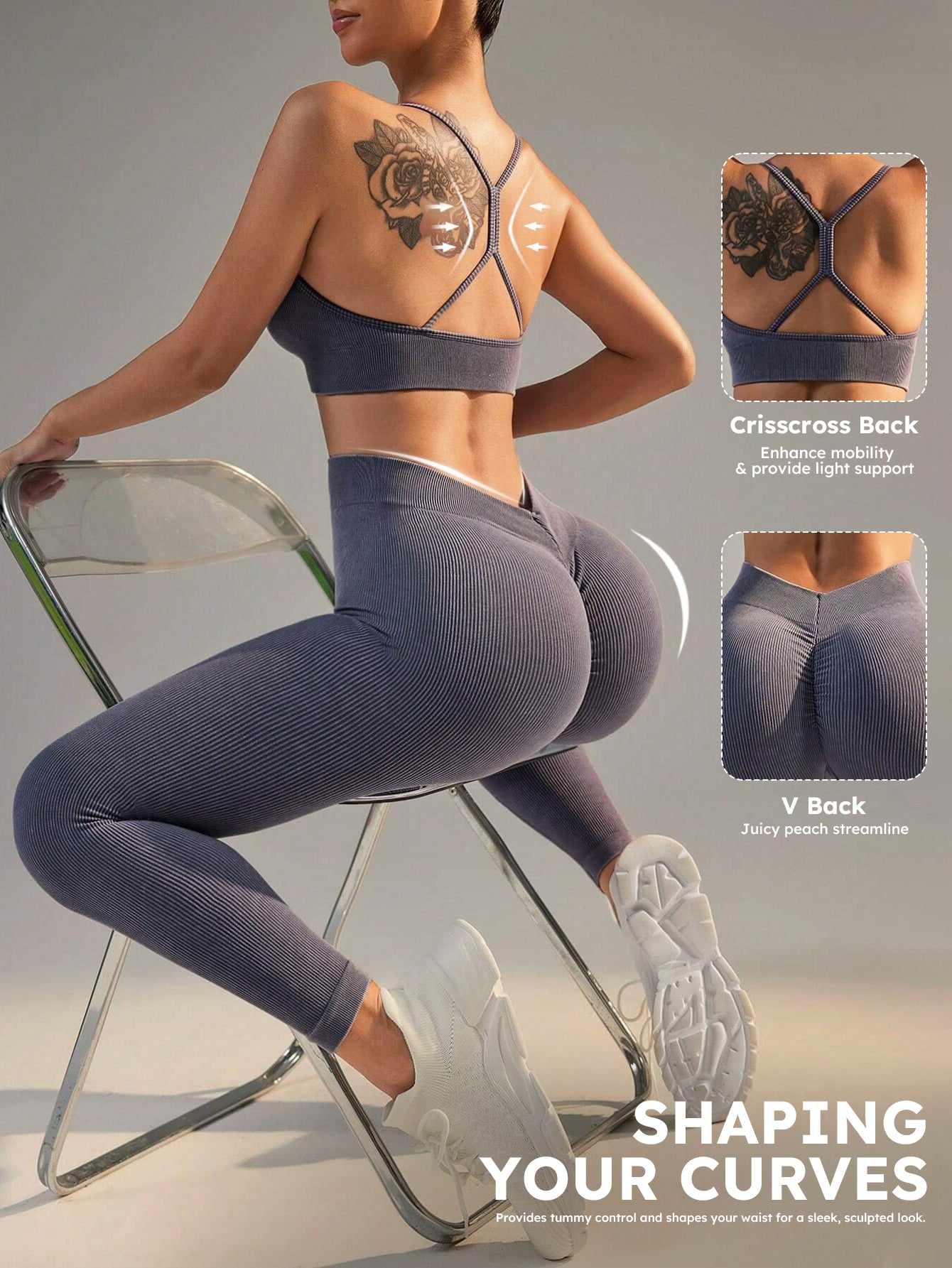 Ribbed Ruched Front Sports Bra & V-Back Scrunch Leggings Set