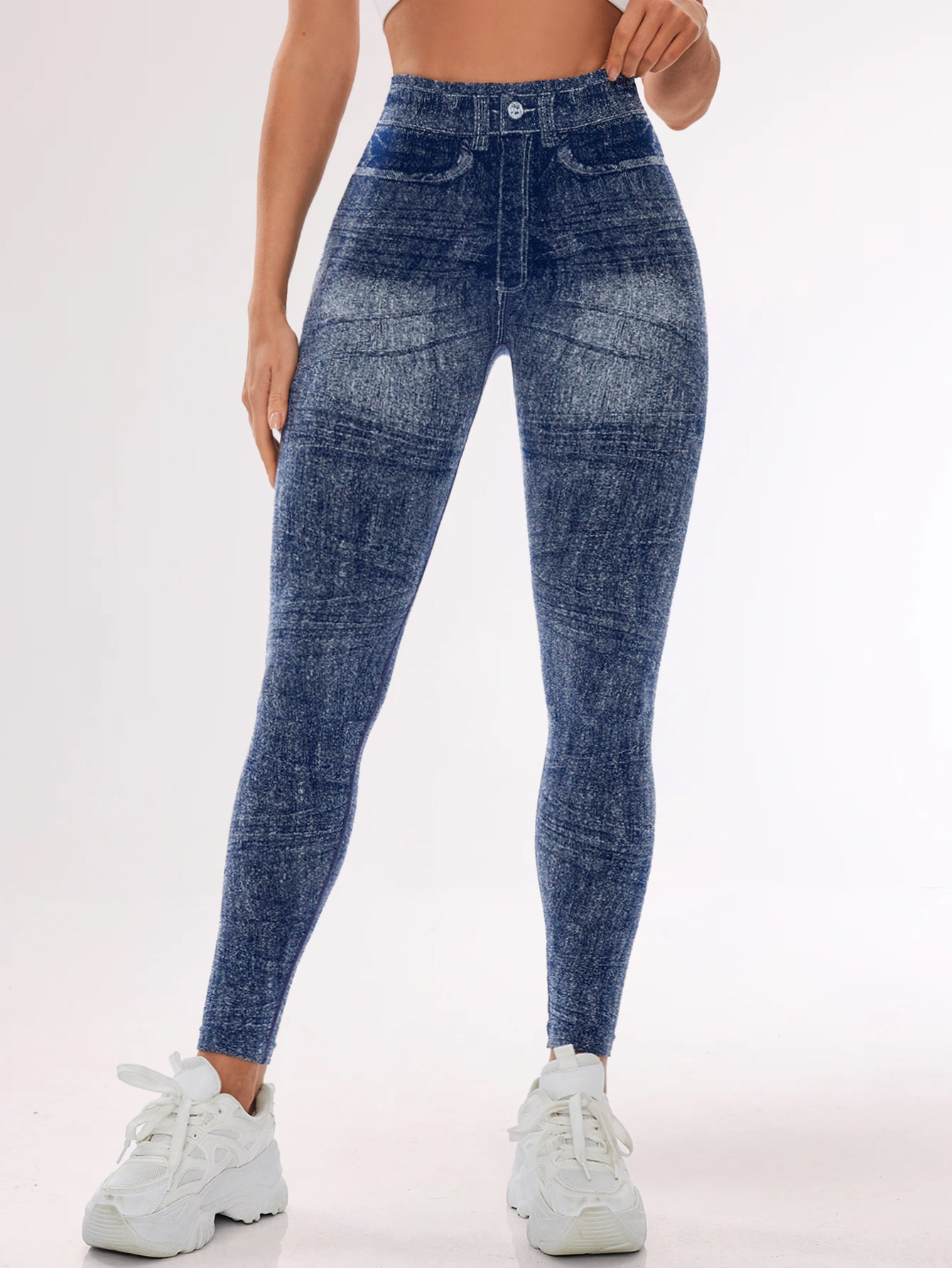 Denim Look High Waist Printed Pocket Leggings