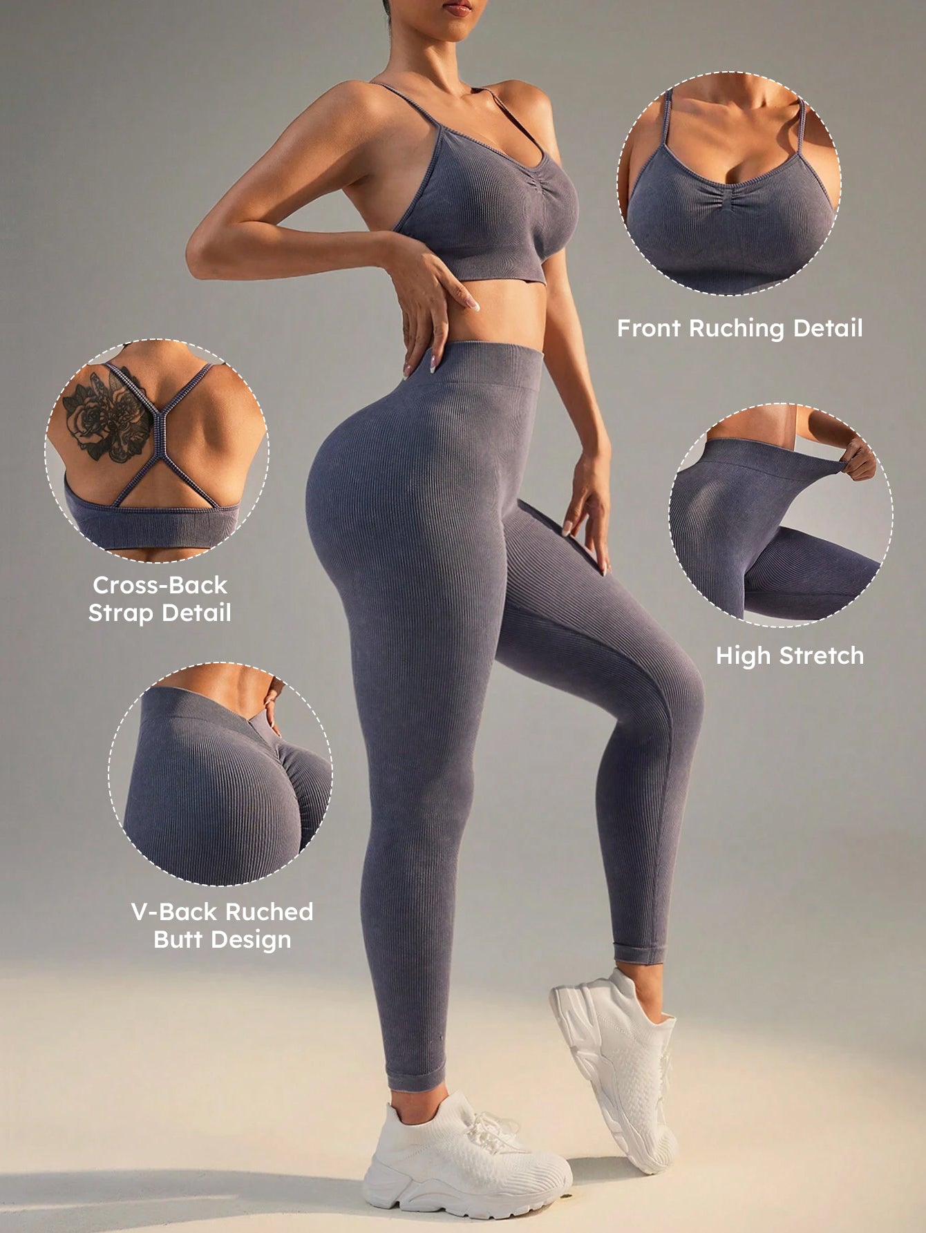 Ribbed Ruched Front Sports Bra & V-Back Scrunch Leggings Set