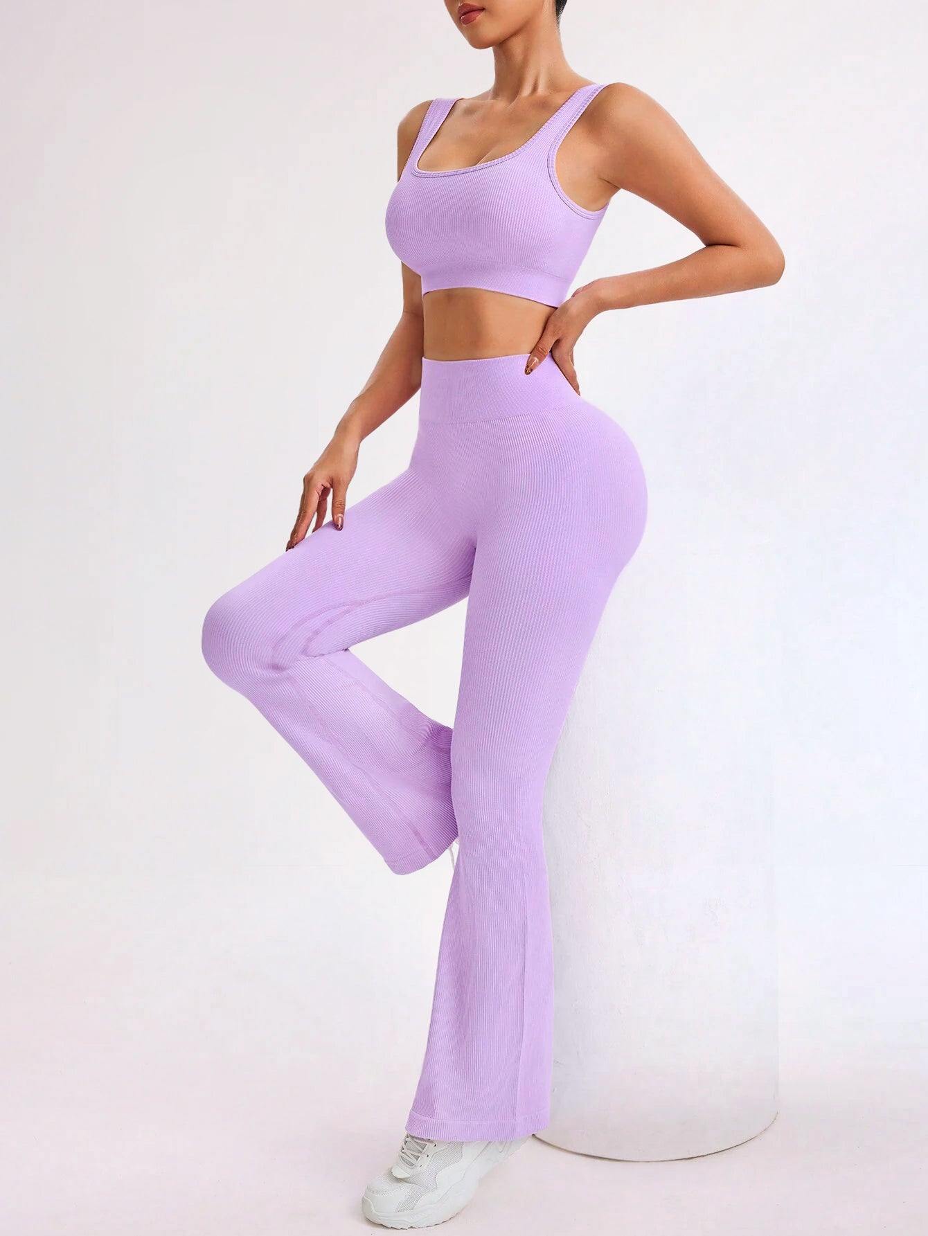 Square Neck Ribbed Long Sleeve Top & Flare Pants Set