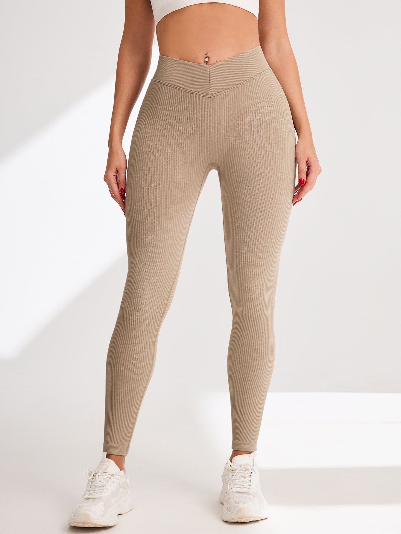 V-Cross Waist Rib-Knit Seamless Leggings