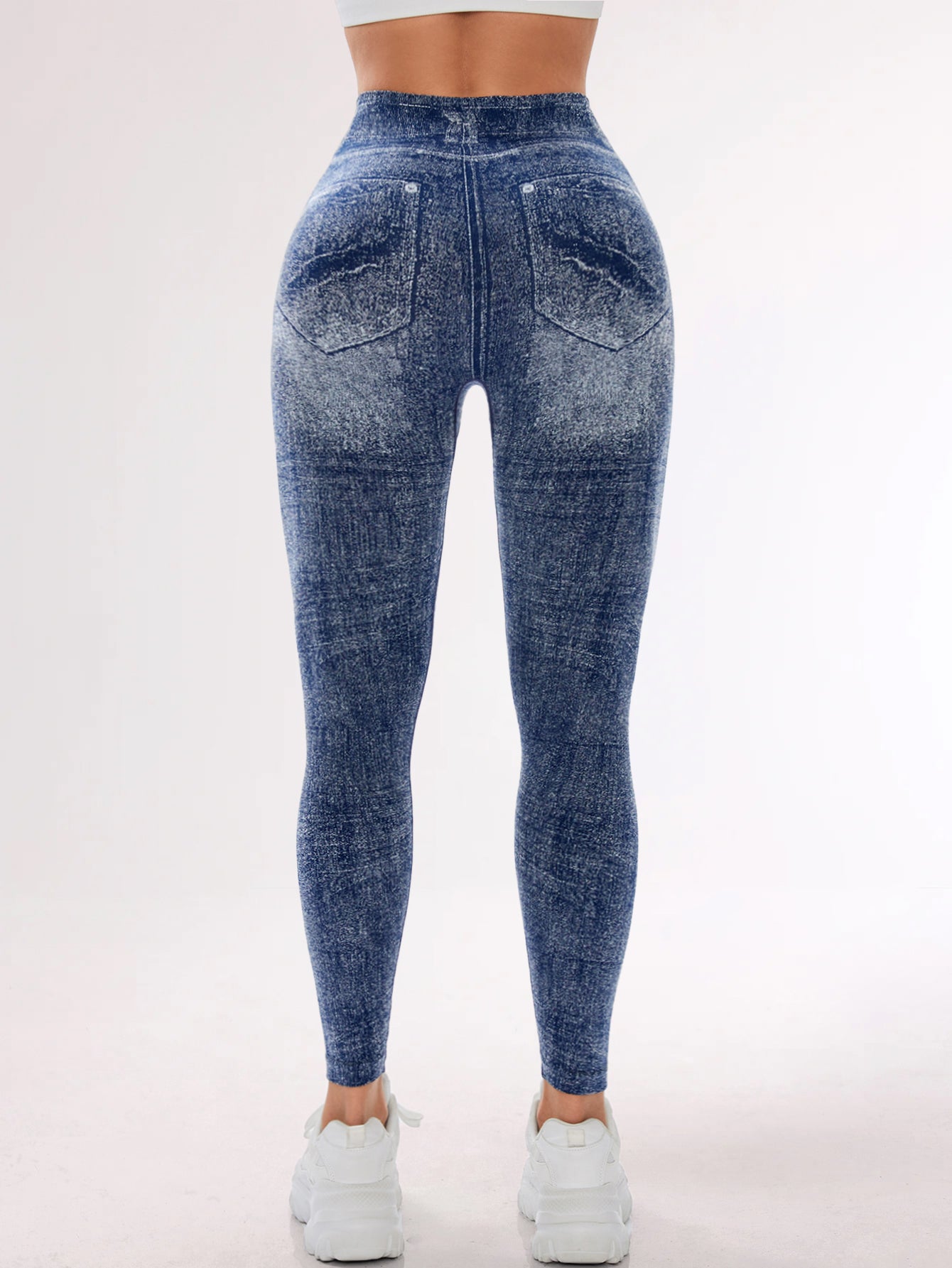 Denim Look High Waist Printed Pocket Leggings