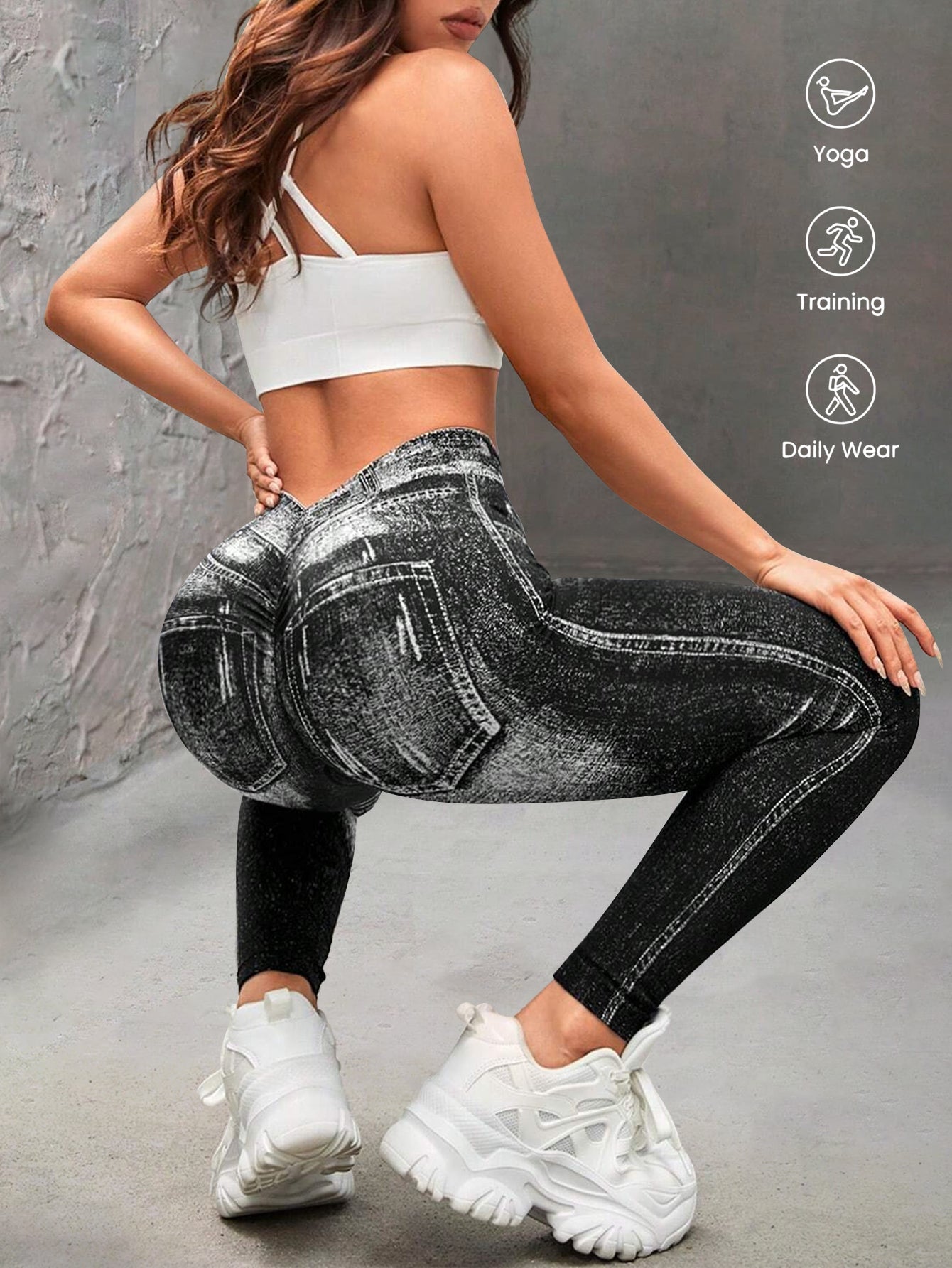 High Waist V-Back Denim Look Leggings