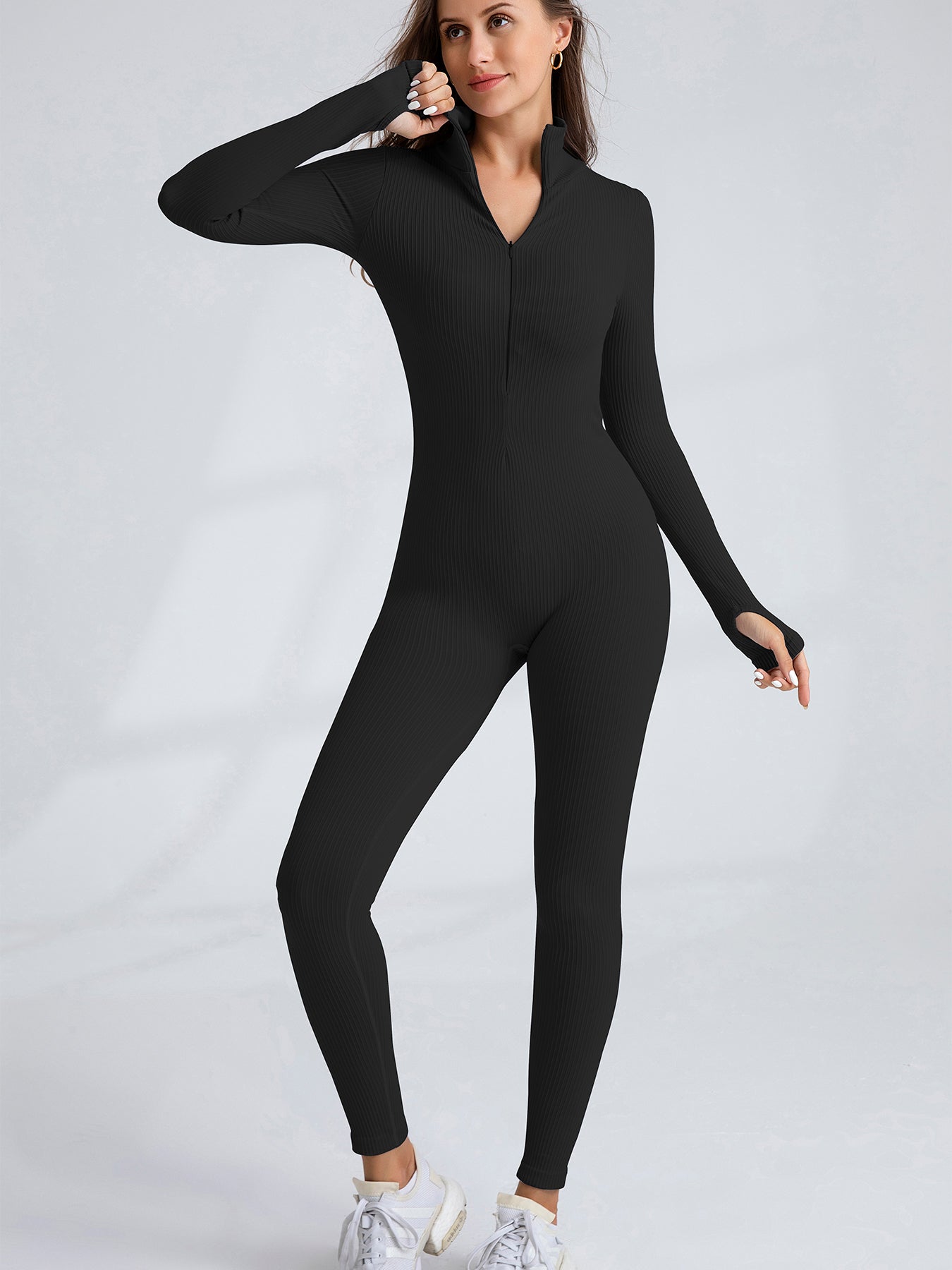 Women's Long Sleeve Ribbed Jumpsuit Zip up Front Jumpsuit