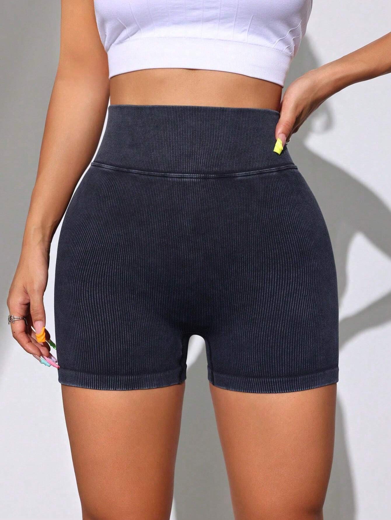 Acid Washed Rib-Knit V-Back Butt-Lifting Shorts