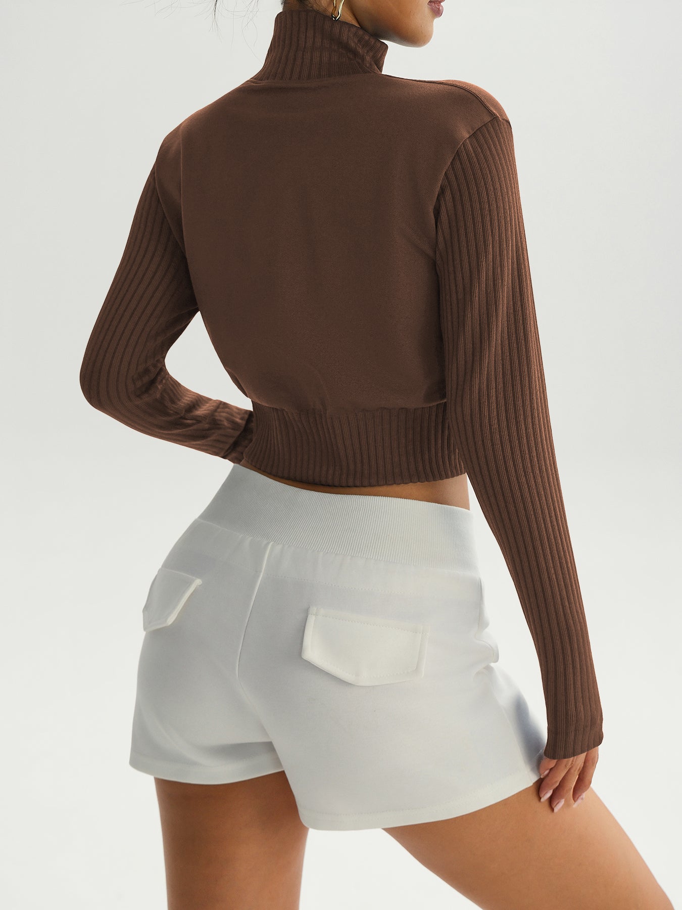 Women’s High Neck Rib-Knit Zip-Up Cropped Sports Jacket