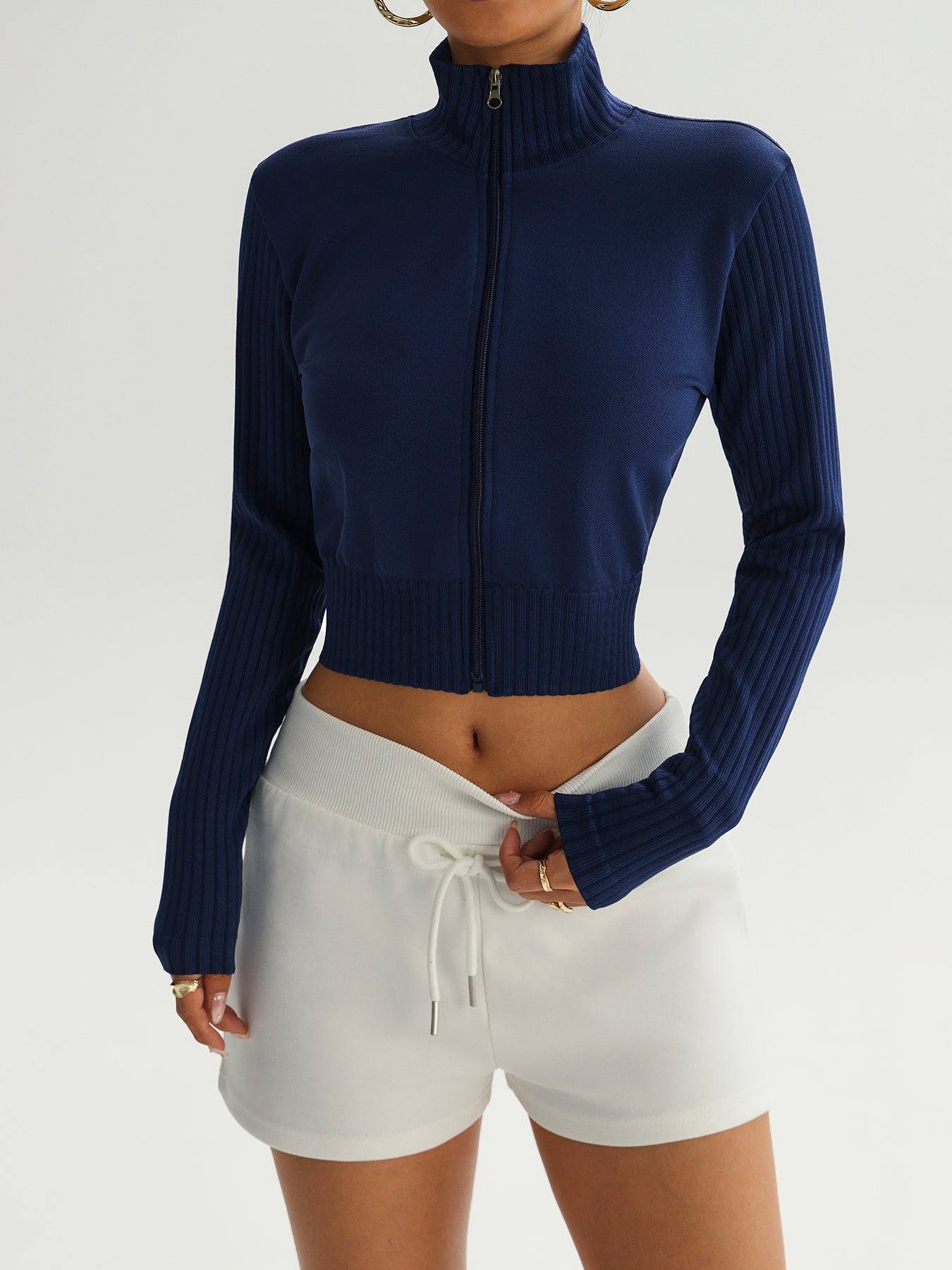 Women’s High Neck Rib-Knit Zip-Up Cropped Sports Jacket