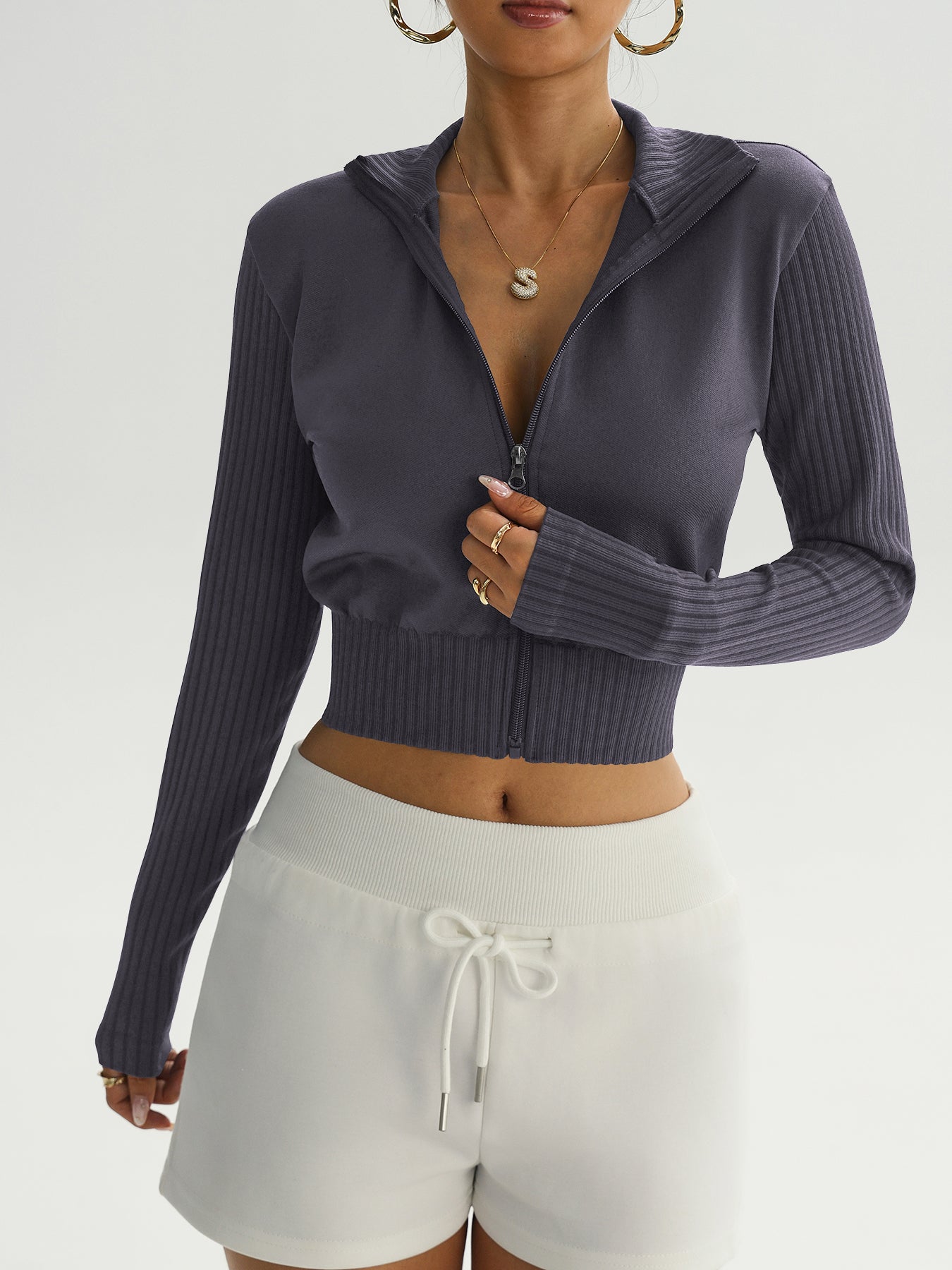 Women’s High Neck Rib-Knit Zip-Up Cropped Sports Jacket