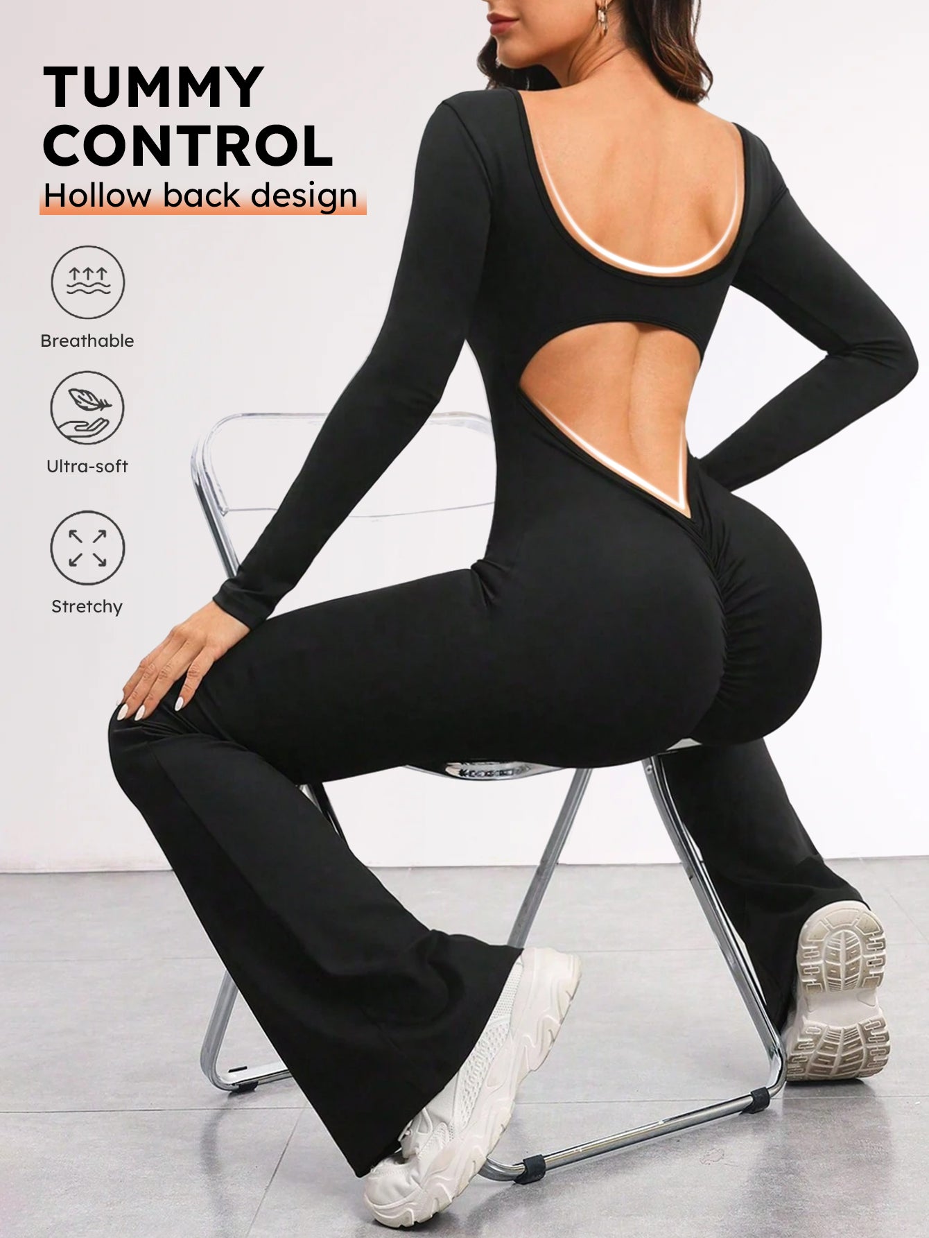 U-Neck Open-Back Scrunch Butt Flared Jumpsuit