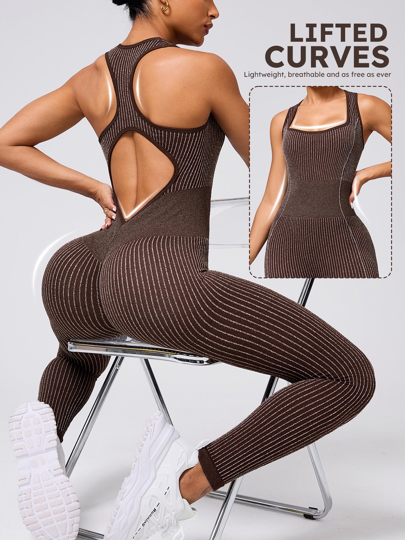 Scoop Neck Striped V-Back Tummy Control Jumpsuit