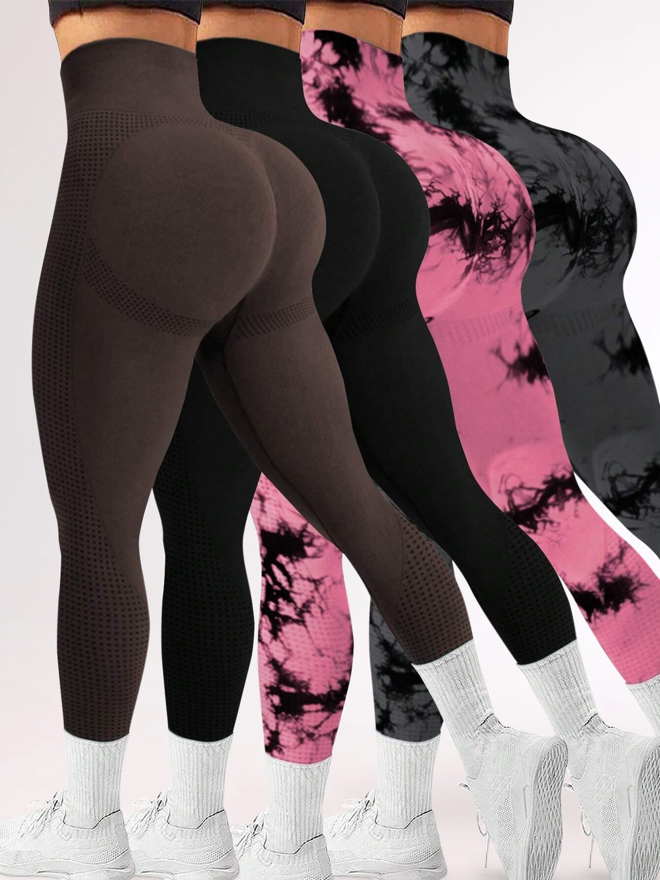 4-Piece High Waist Tie-Dye & Solid Butt Contour Legging Set