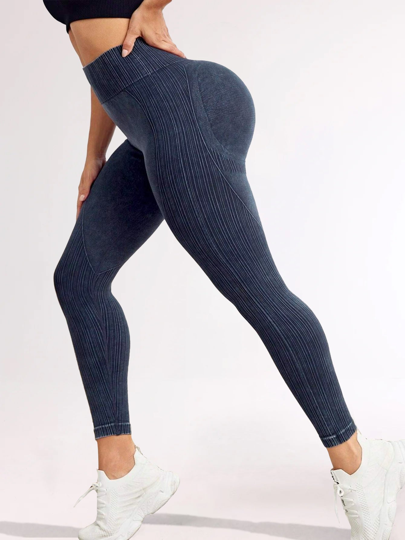 High Waist Acid Wash Butt-Lifting Rib-Knit Leggings