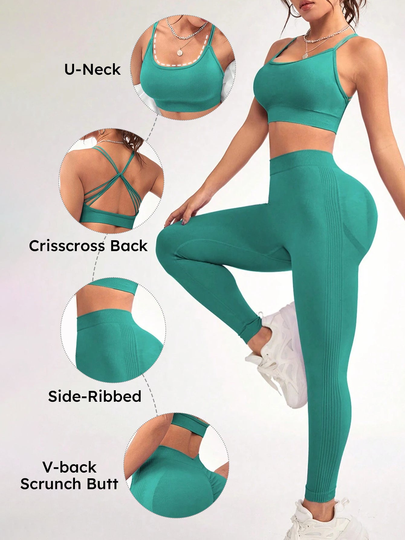 Crisscross Back Sports Bra & Side-Ribbed V-Back Scrunch Legging Set