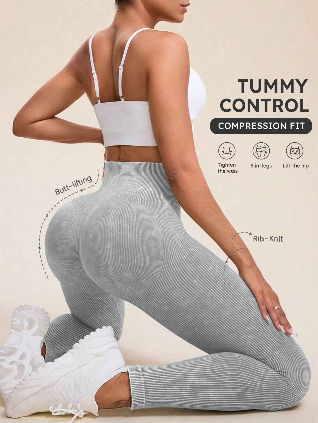 Acid Wash High Waist Butt-Lifting Rib-Knit Seamless Leggings