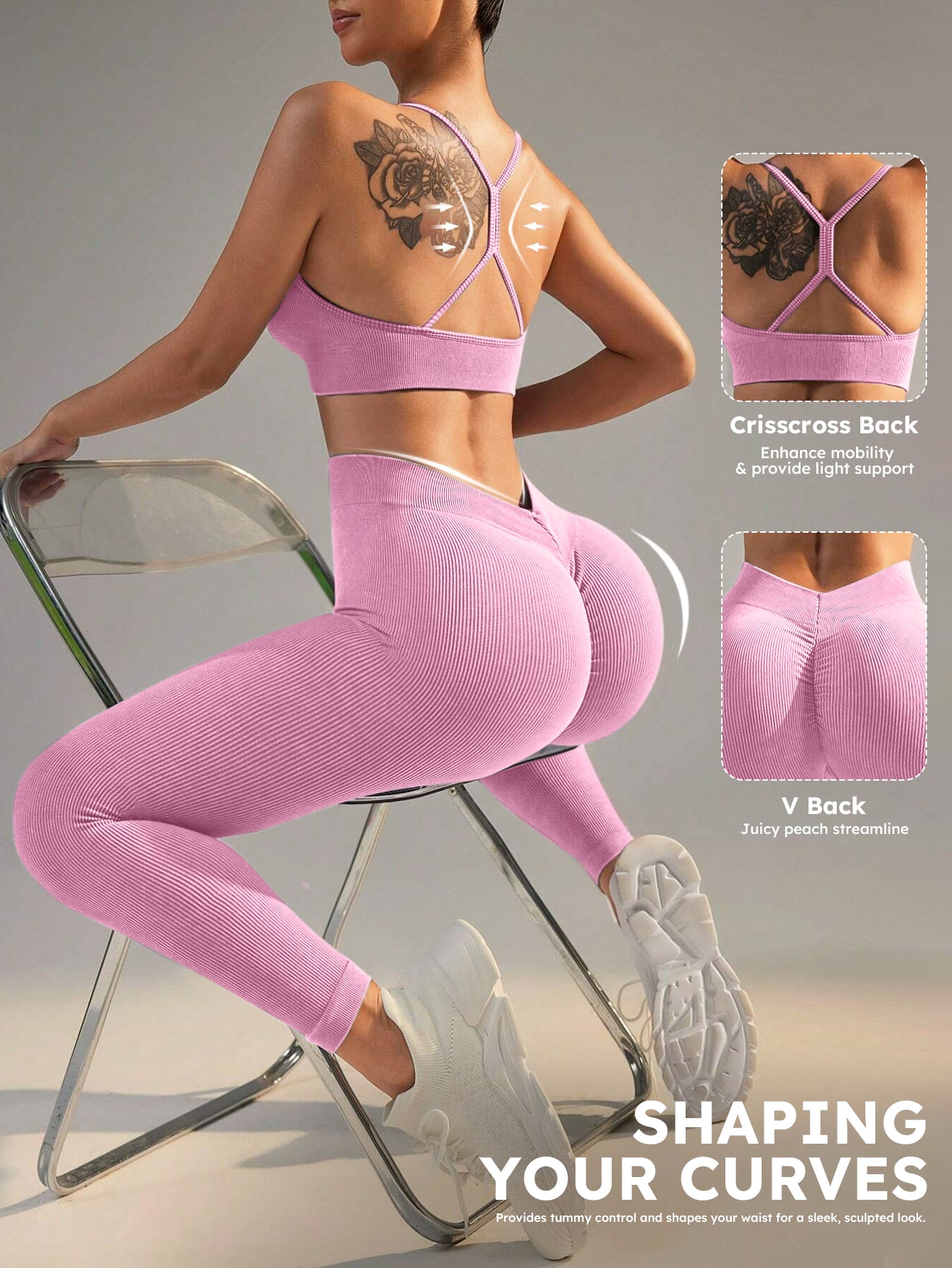 Ribbed Ruched Front Sports Bra & V-Back Scrunch Leggings Set