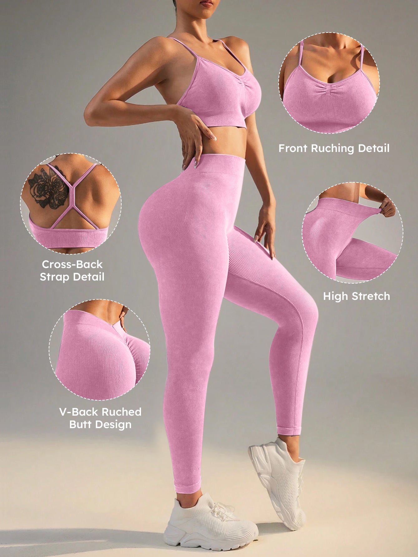 Ribbed Ruched Front Sports Bra & V-Back Scrunch Leggings Set