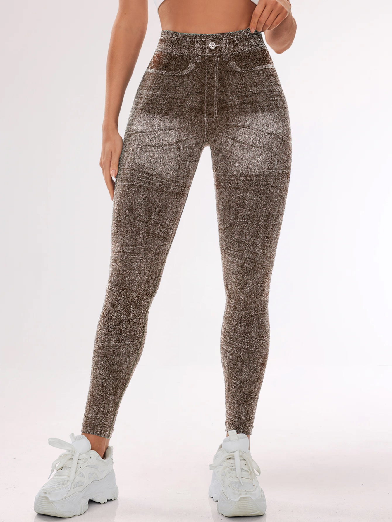 Denim Look High Waist Printed Pocket Leggings