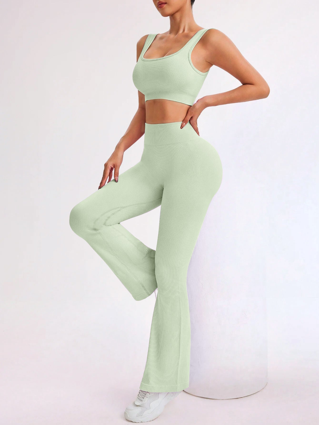 Square Neck Ribbed Long Sleeve Top & Flare Pants Set