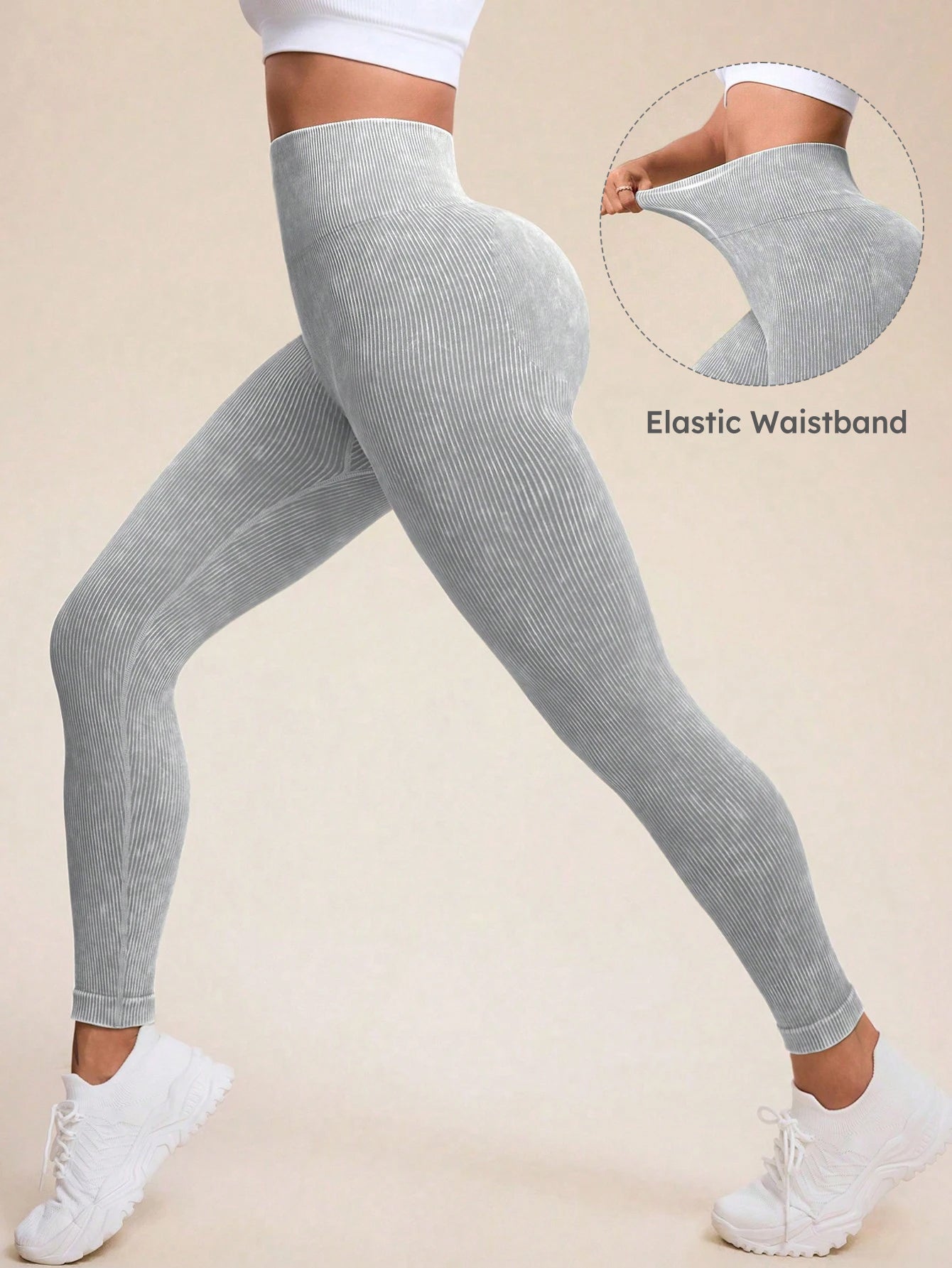 Acid Wash High Waist Butt-Lifting Rib-Knit Seamless Leggings