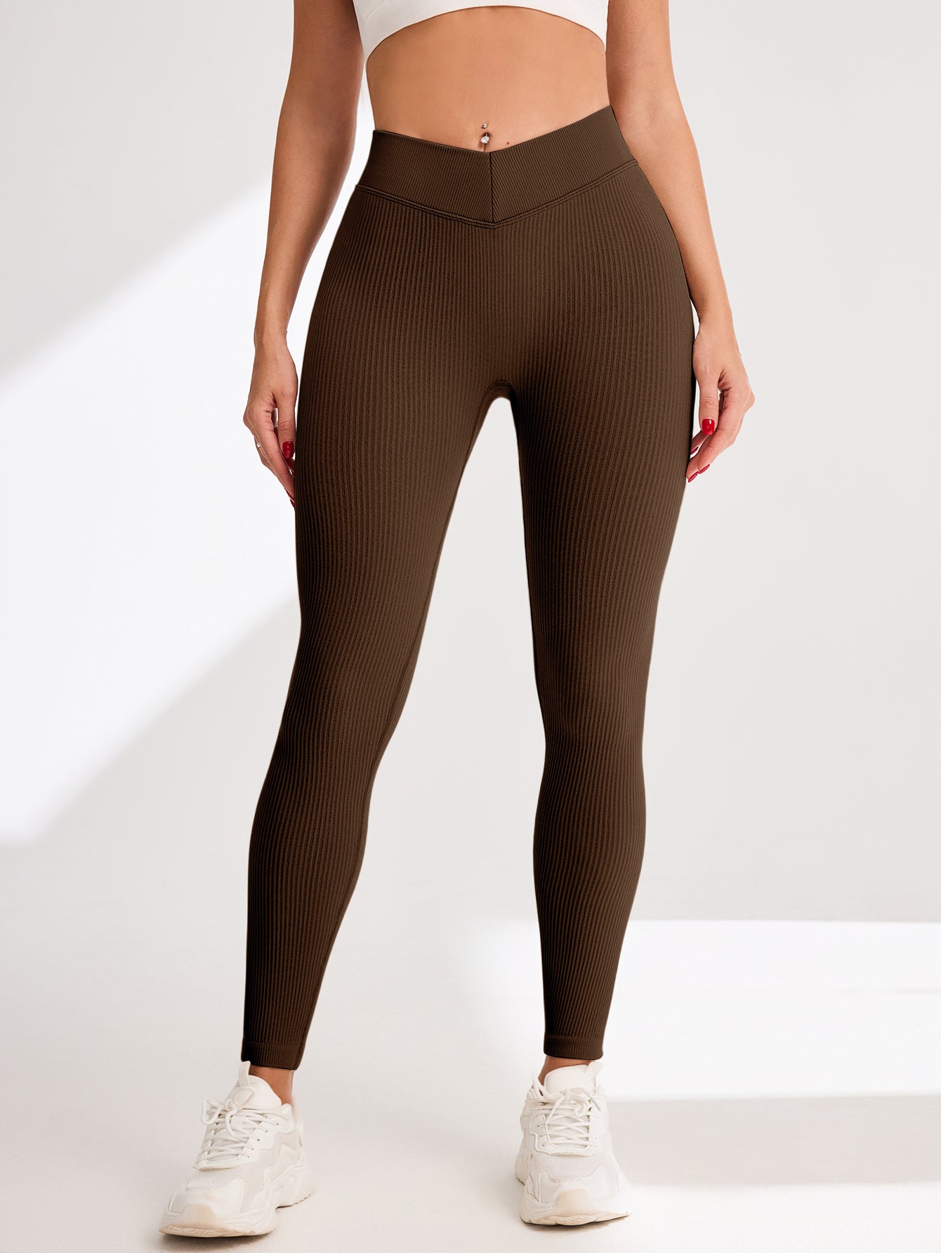 V-Cross Waist Rib-Knit Seamless Leggings