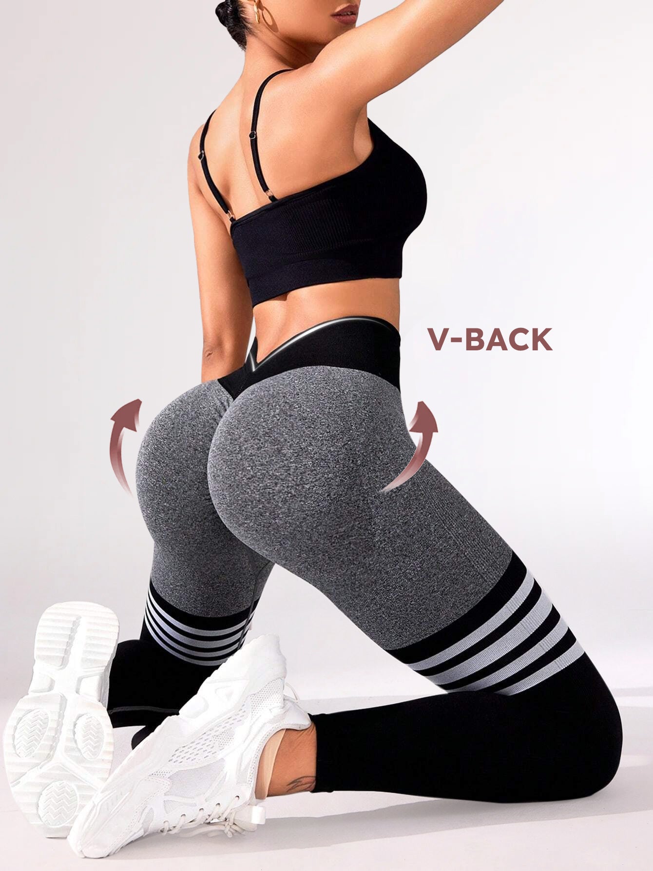 V-Back Side-Ribbed Scrunch Butt Stripe Print Leggings