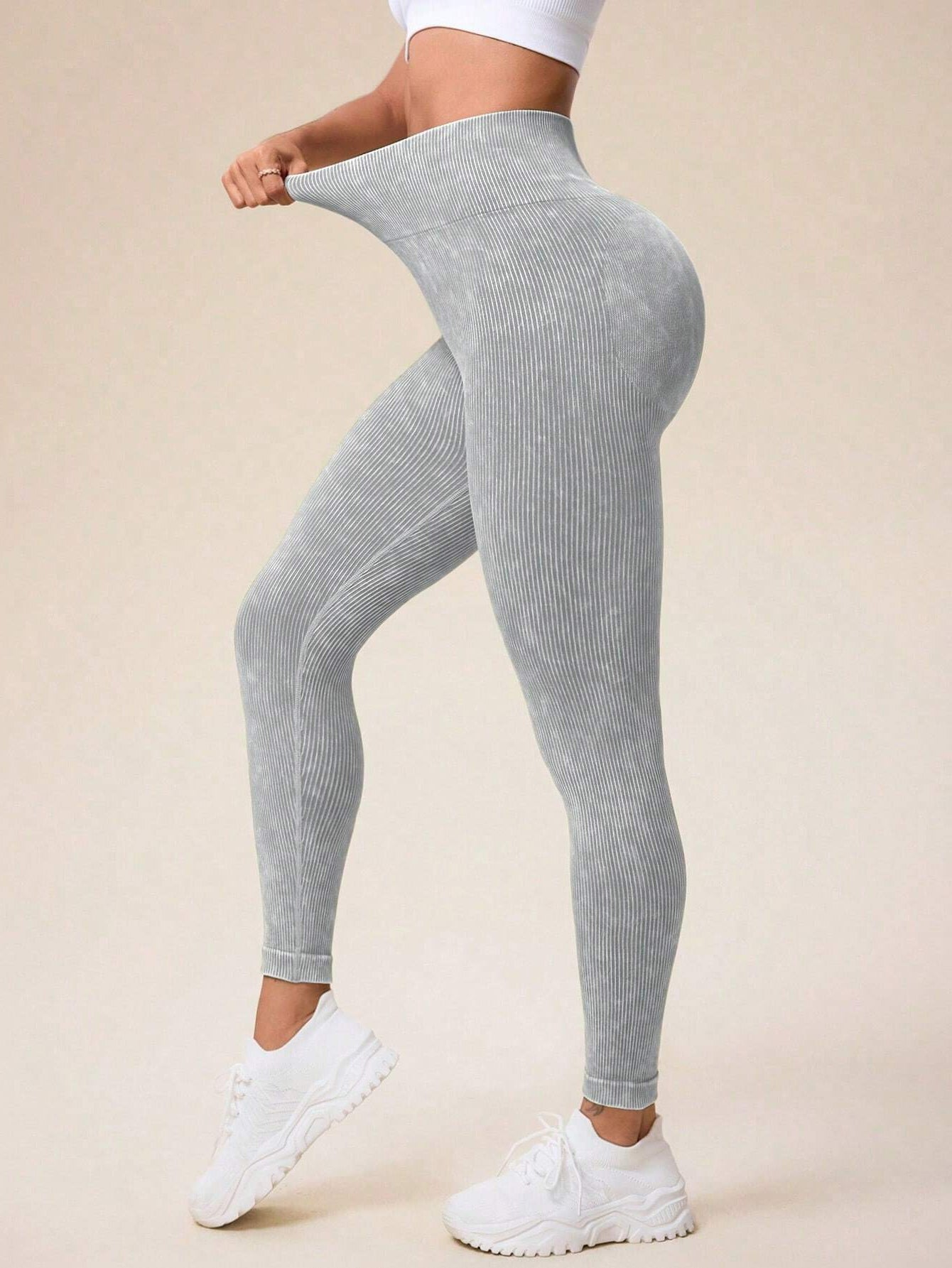 Acid Wash High Waist Butt-Lifting Rib-Knit Seamless Leggings