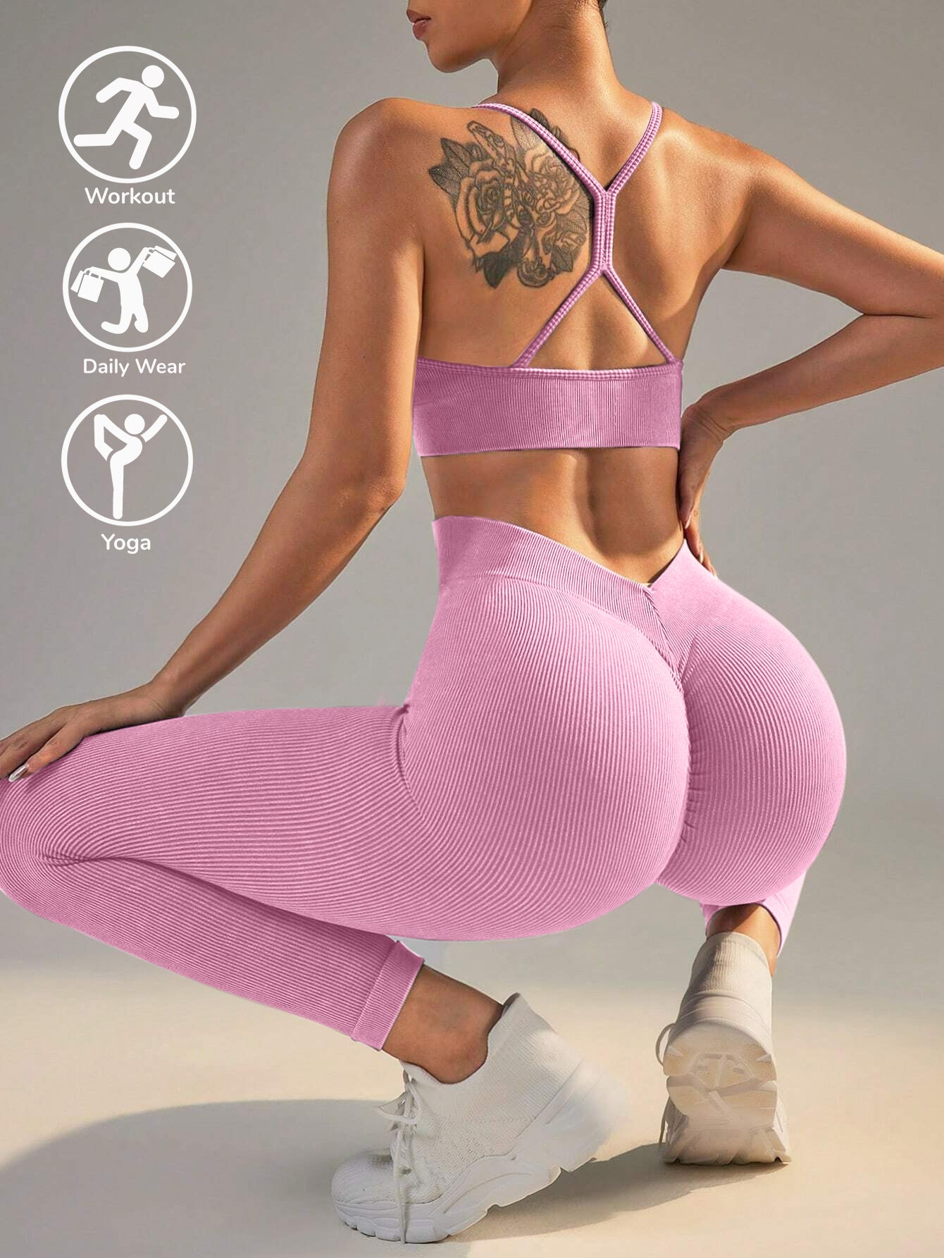 Ribbed Ruched Front Sports Bra & V-Back Scrunch Leggings Set