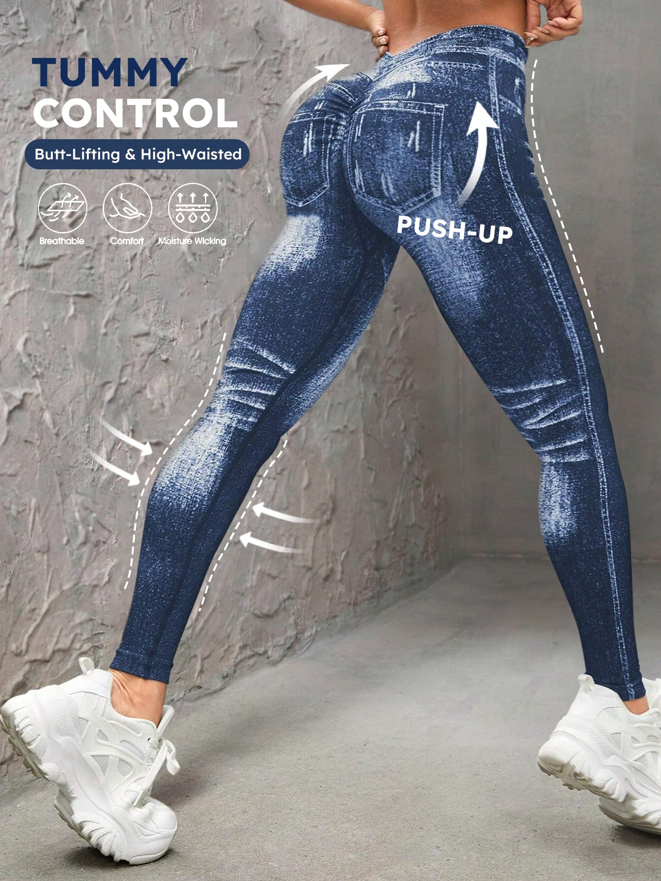 High Waist V-Back Denim Look Leggings