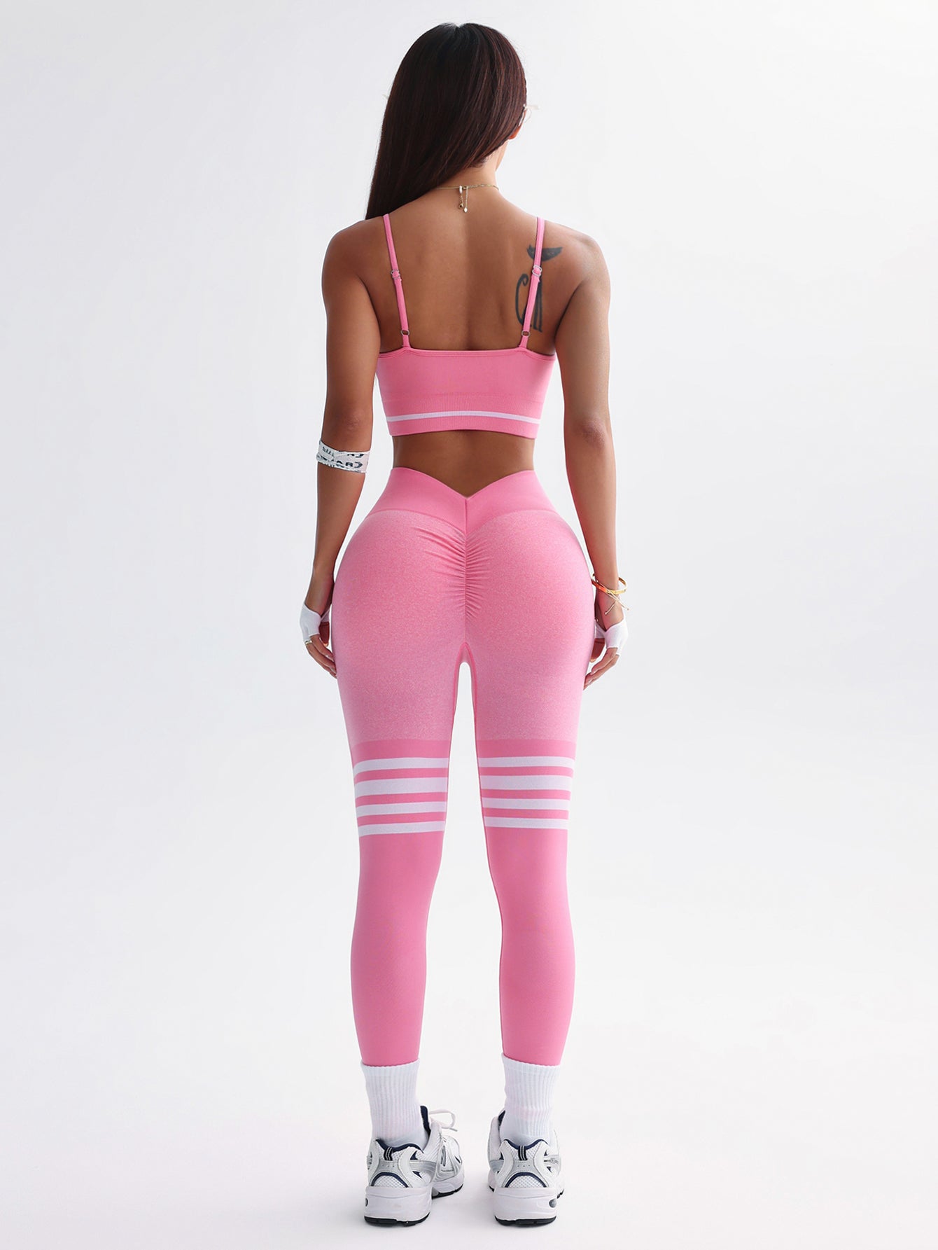 3 Piece Striped V-Back Leggings & Sports Bra & Thumb Hole Crop Top Set