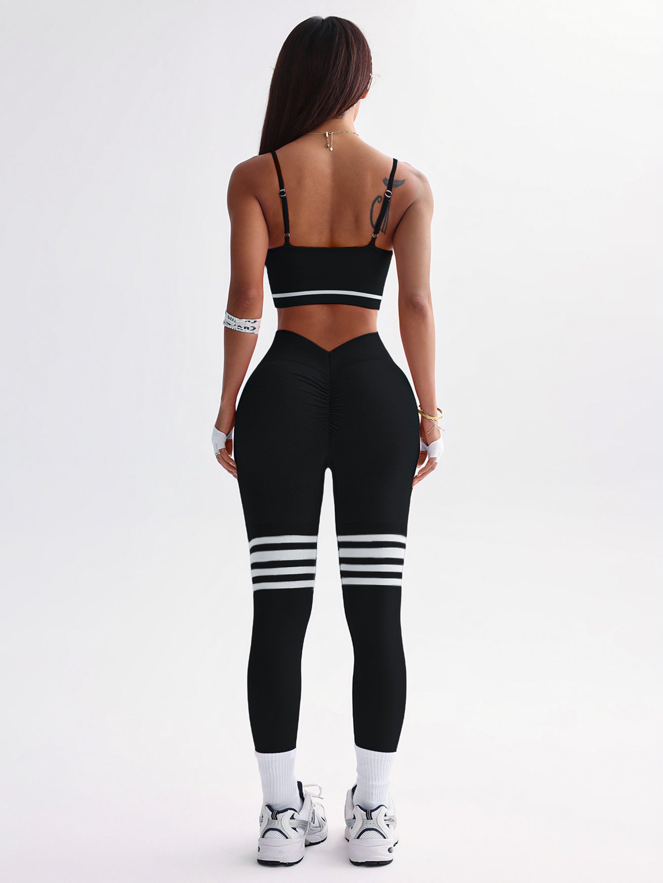 3 Piece Striped V-Back Leggings & Sports Bra & Thumb Hole Crop Top Set