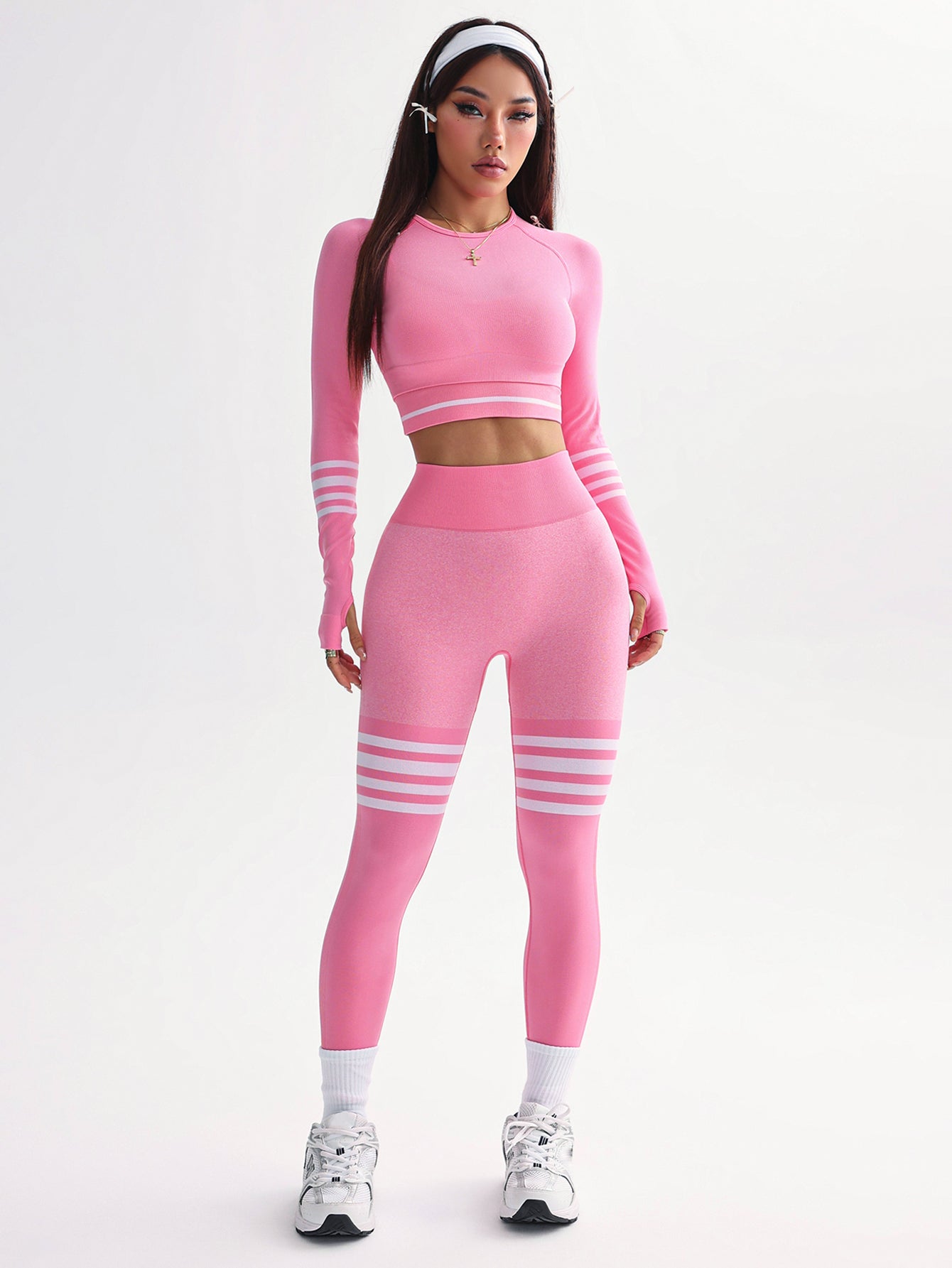 3 Piece Striped V-Back Leggings & Sports Bra & Thumb Hole Crop Top Set