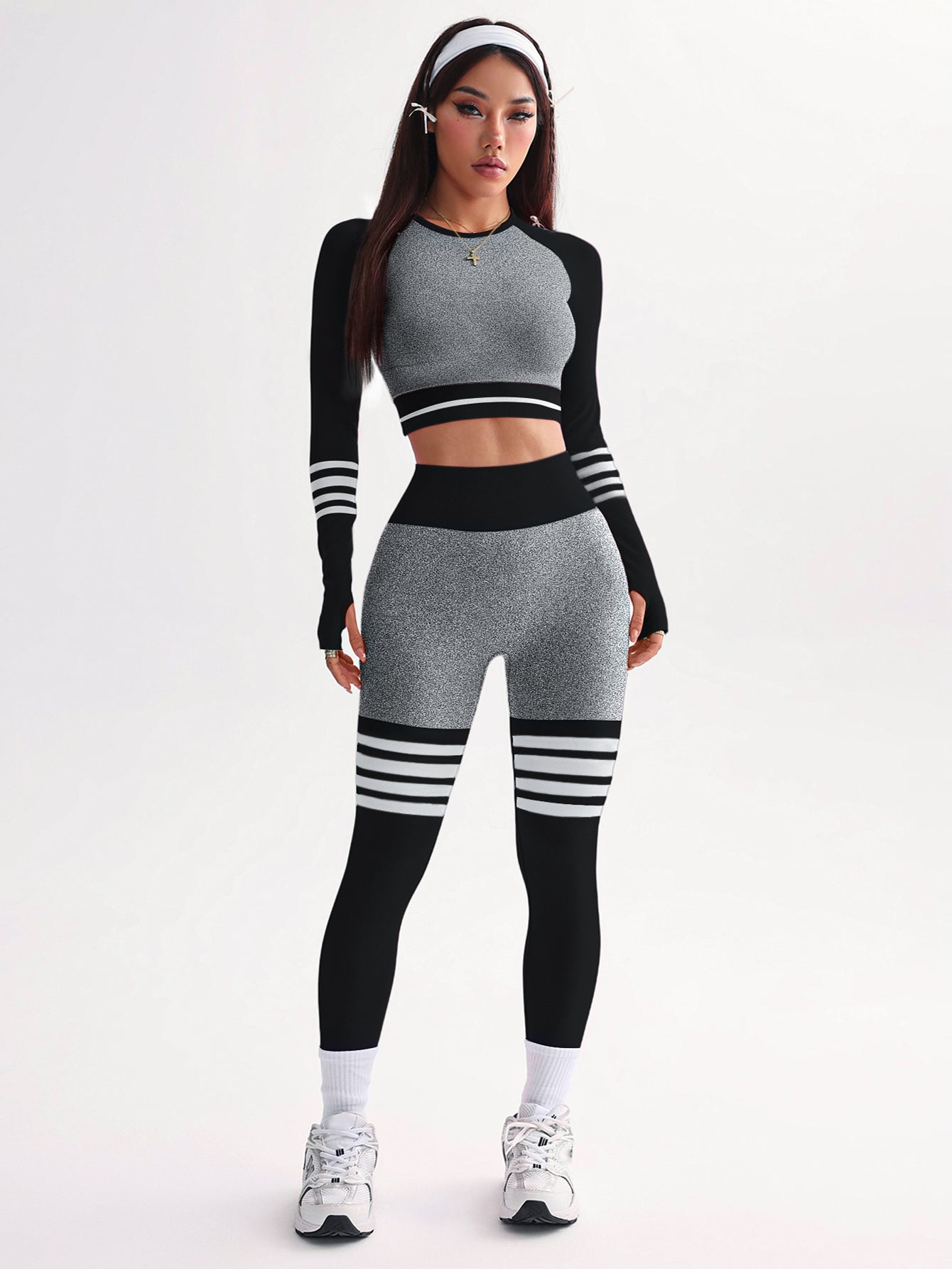 3 Piece Striped V-Back Leggings & Sports Bra & Thumb Hole Crop Top Set