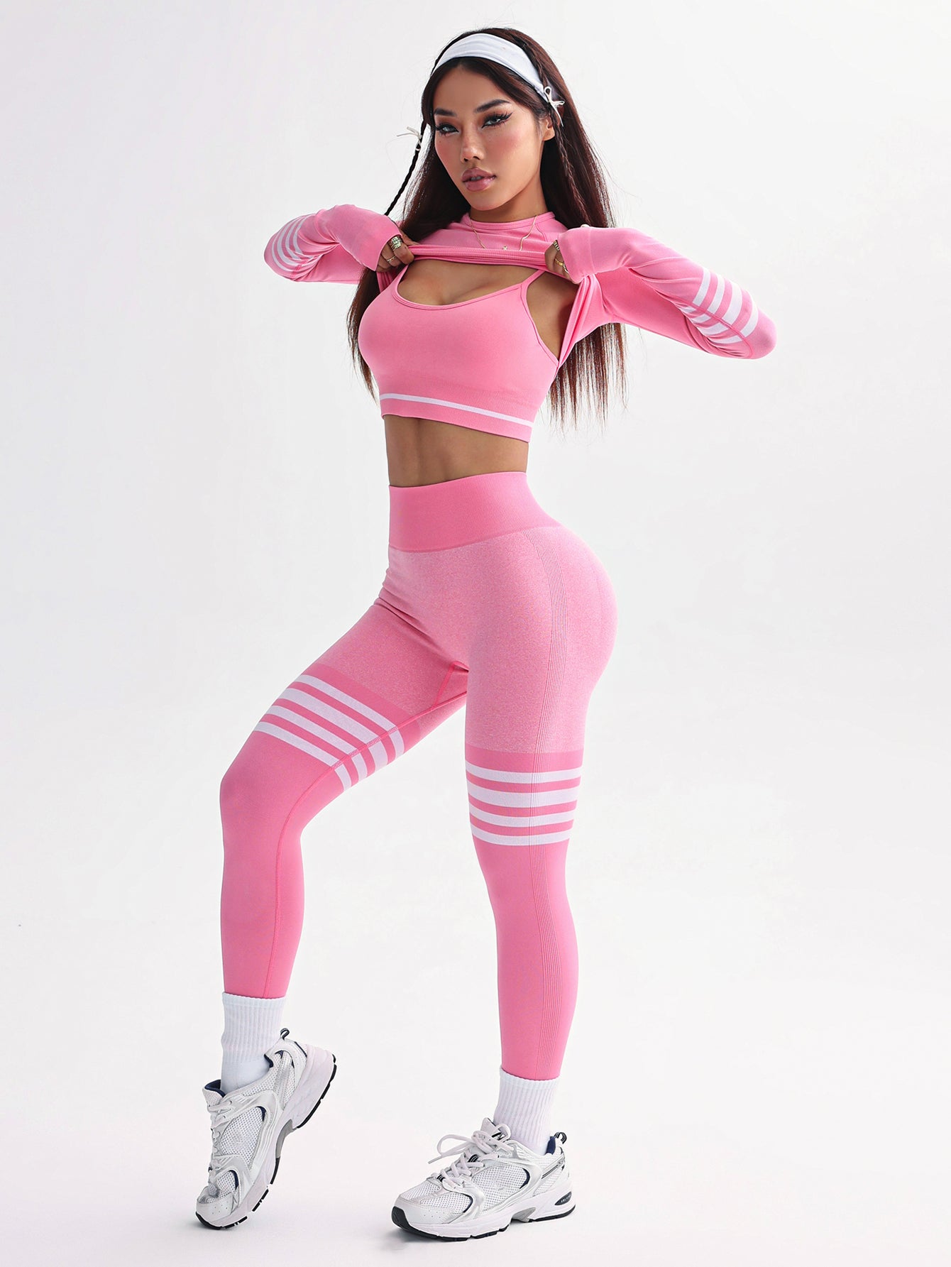 3 Piece Striped V-Back Leggings & Sports Bra & Thumb Hole Crop Top Set