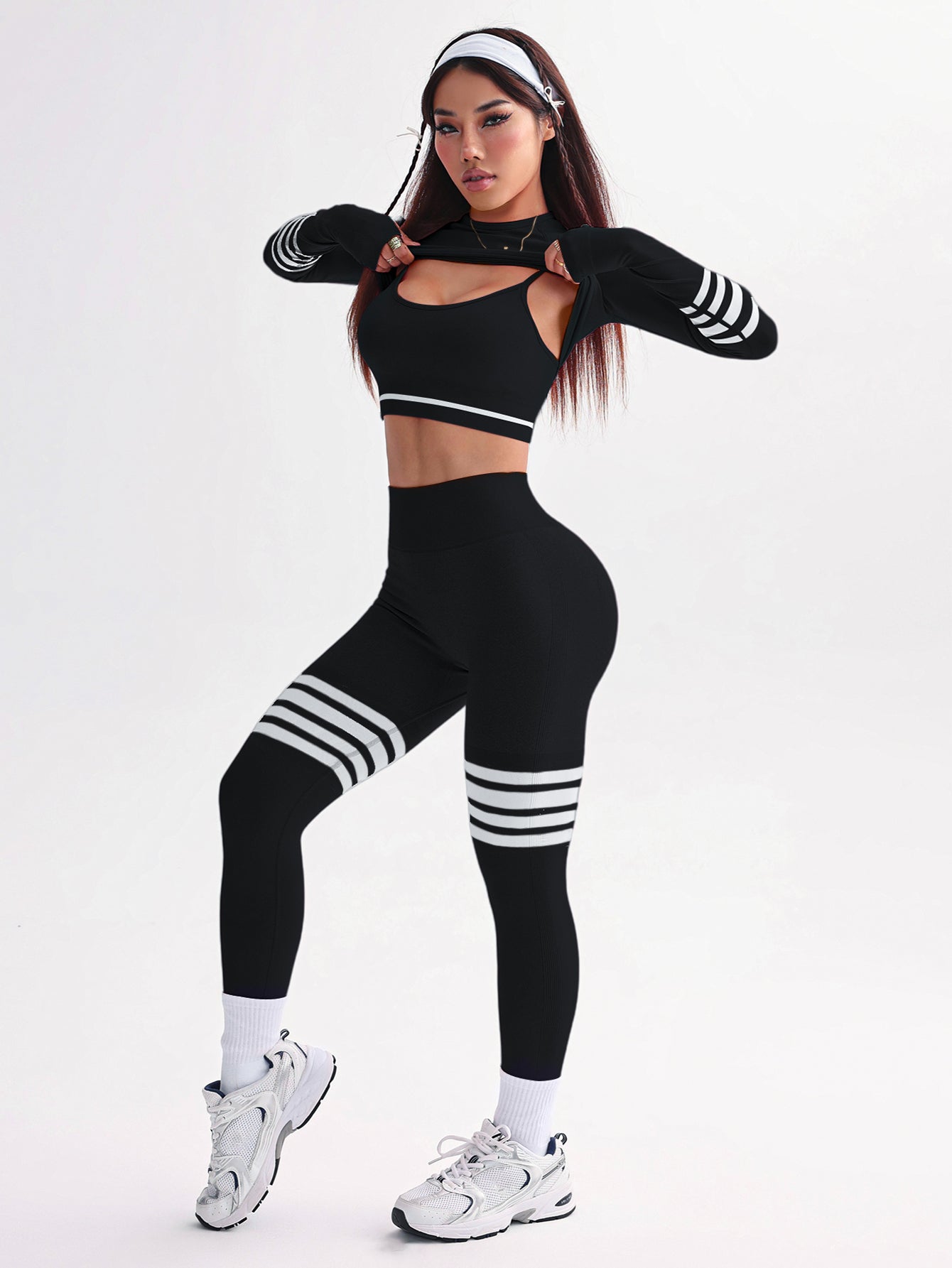 3 Piece Striped V-Back Leggings & Sports Bra & Thumb Hole Crop Top Set