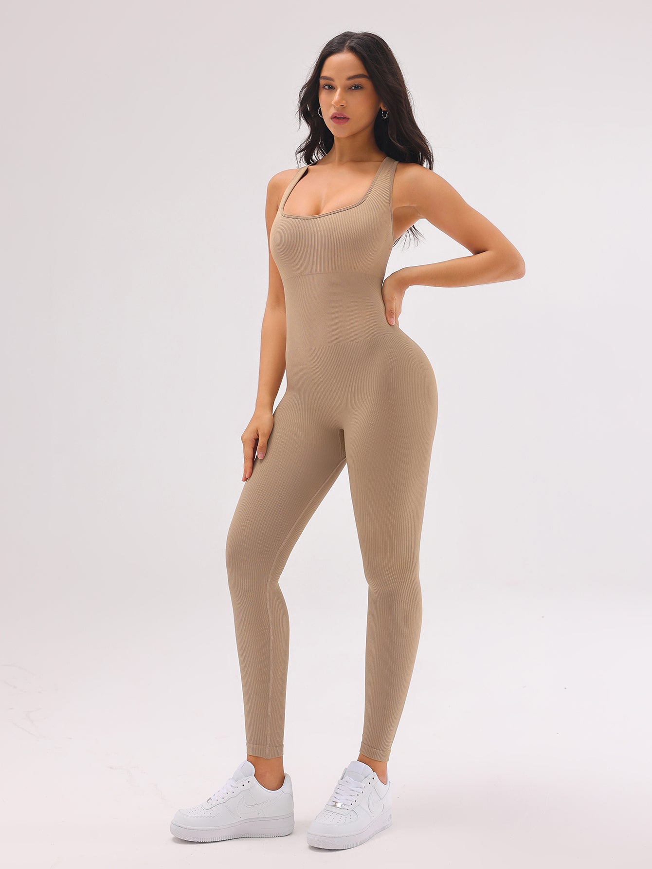 V-Back Scrunch Rib-Knit Sleeveless Seamless Jumpsuit