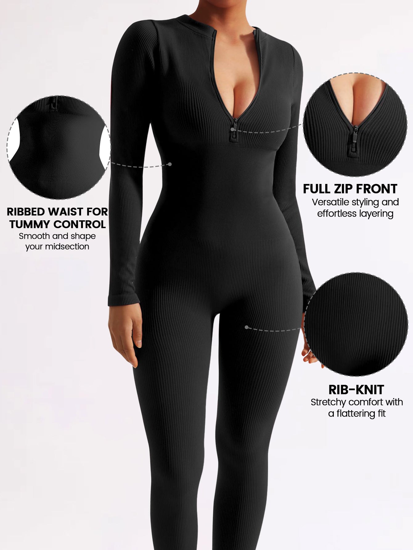 Long Sleeve Ribbed Jumpsuit Zip up Front Jumpsuit