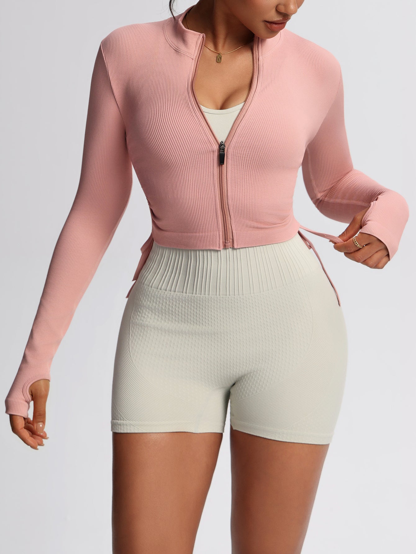 Women’s Rib-Knit Zip-Up Cropped Seamless Sport Jacket with Thumb Holes & Side Drawstring