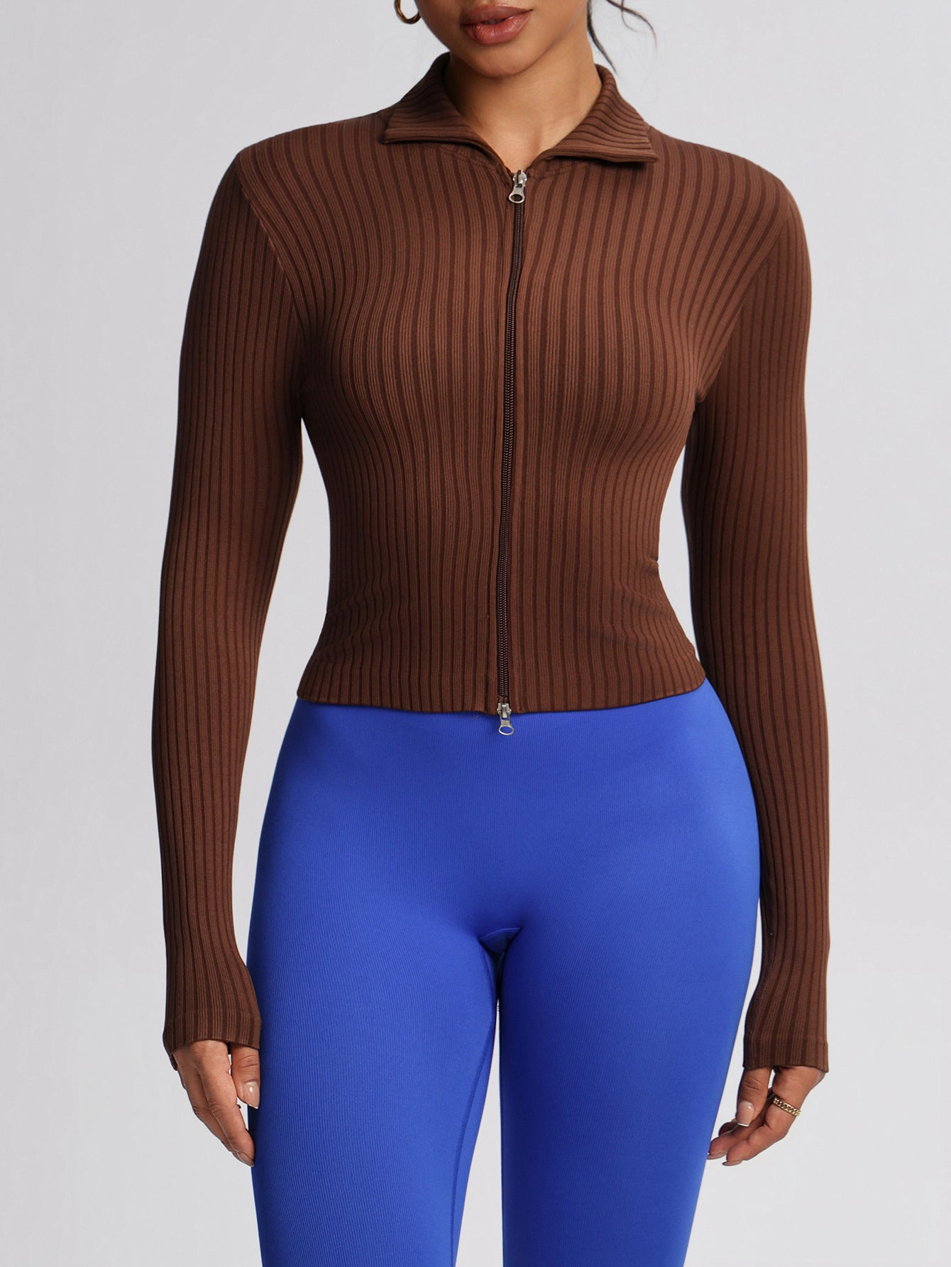 Women’s Seamless Rib-Knit Double-Zip Cropped Sports Jacket