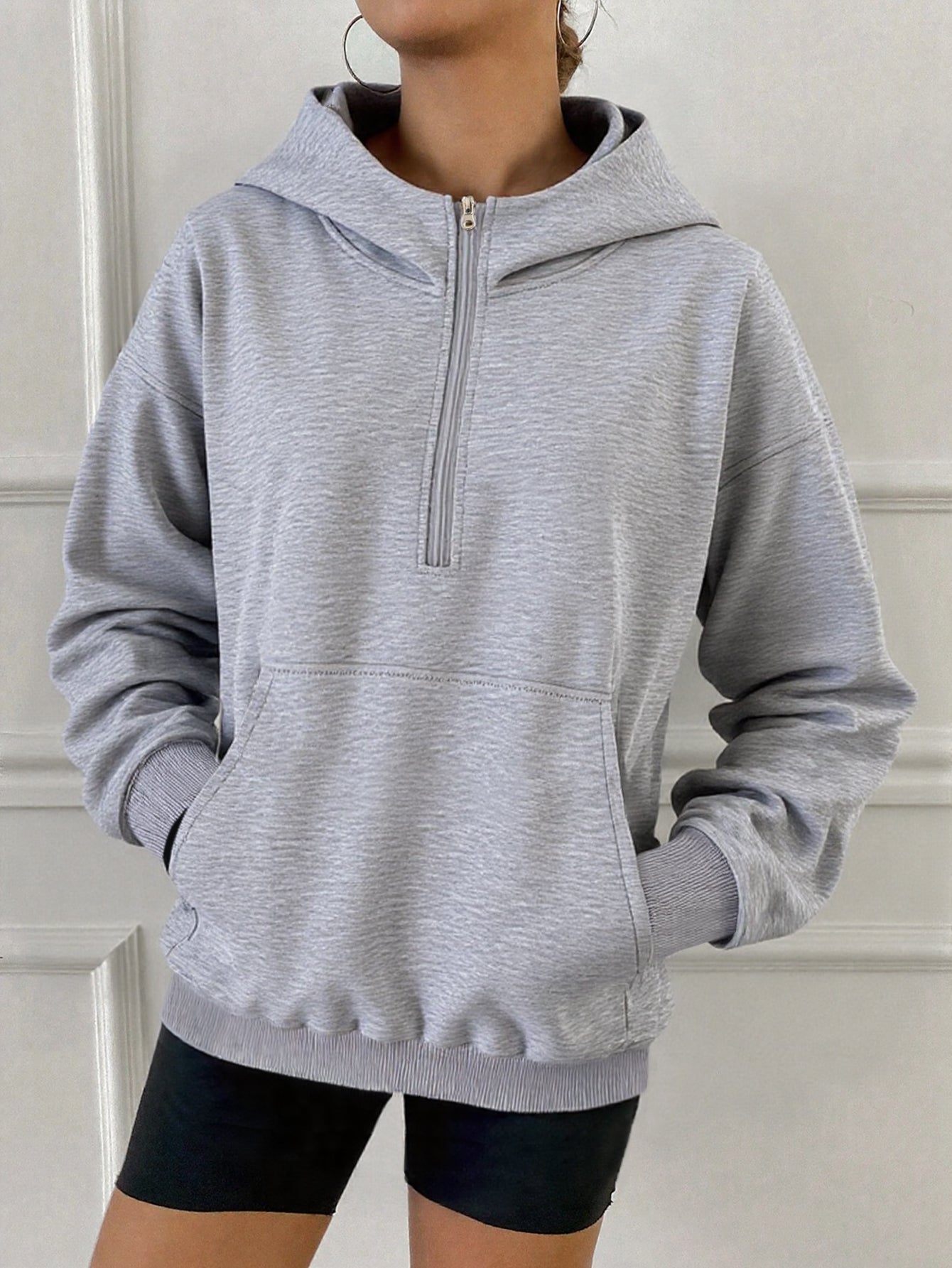 Women’s Dual Pockets & Ribbed Hem Half-Zip Hoodie