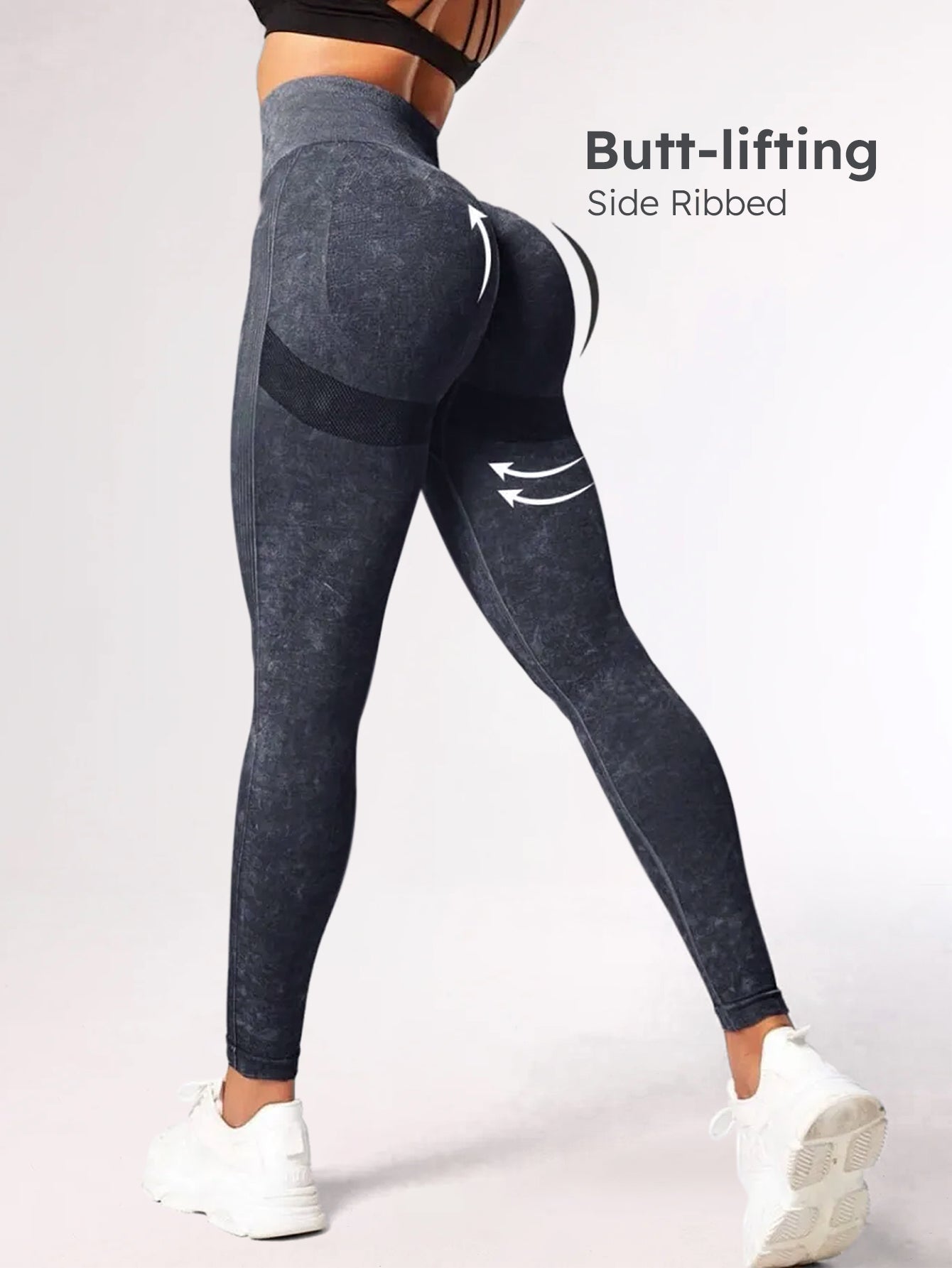 High Waist Acid Washed Side-Ribbed Leggings