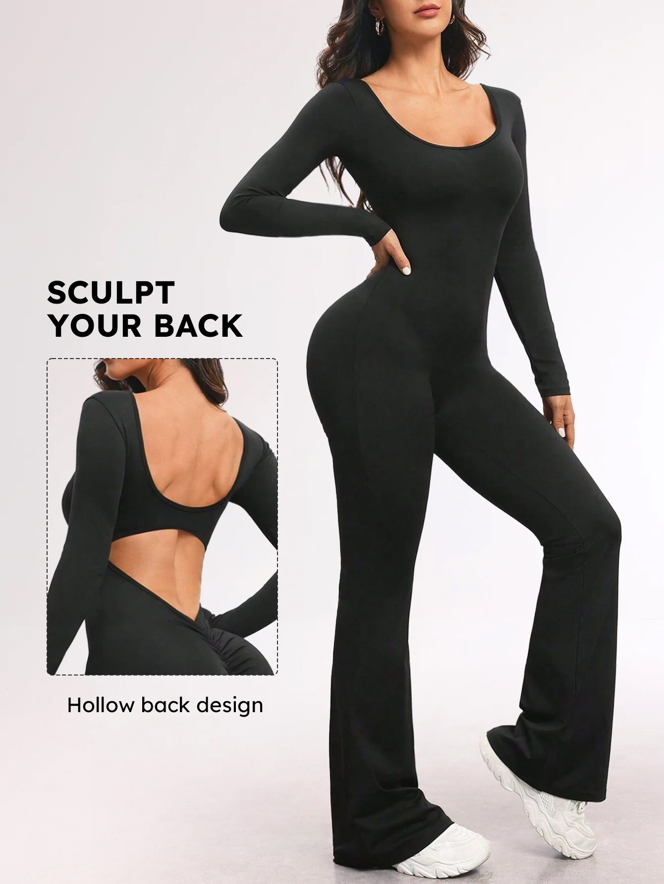 U-Neck Open-Back Scrunch Butt Flared Jumpsuit