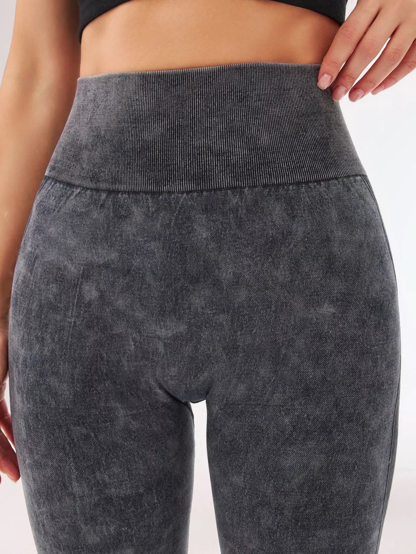 Acid Wash Tummy Control Side-Ribbed Butt-Lifting Leggings