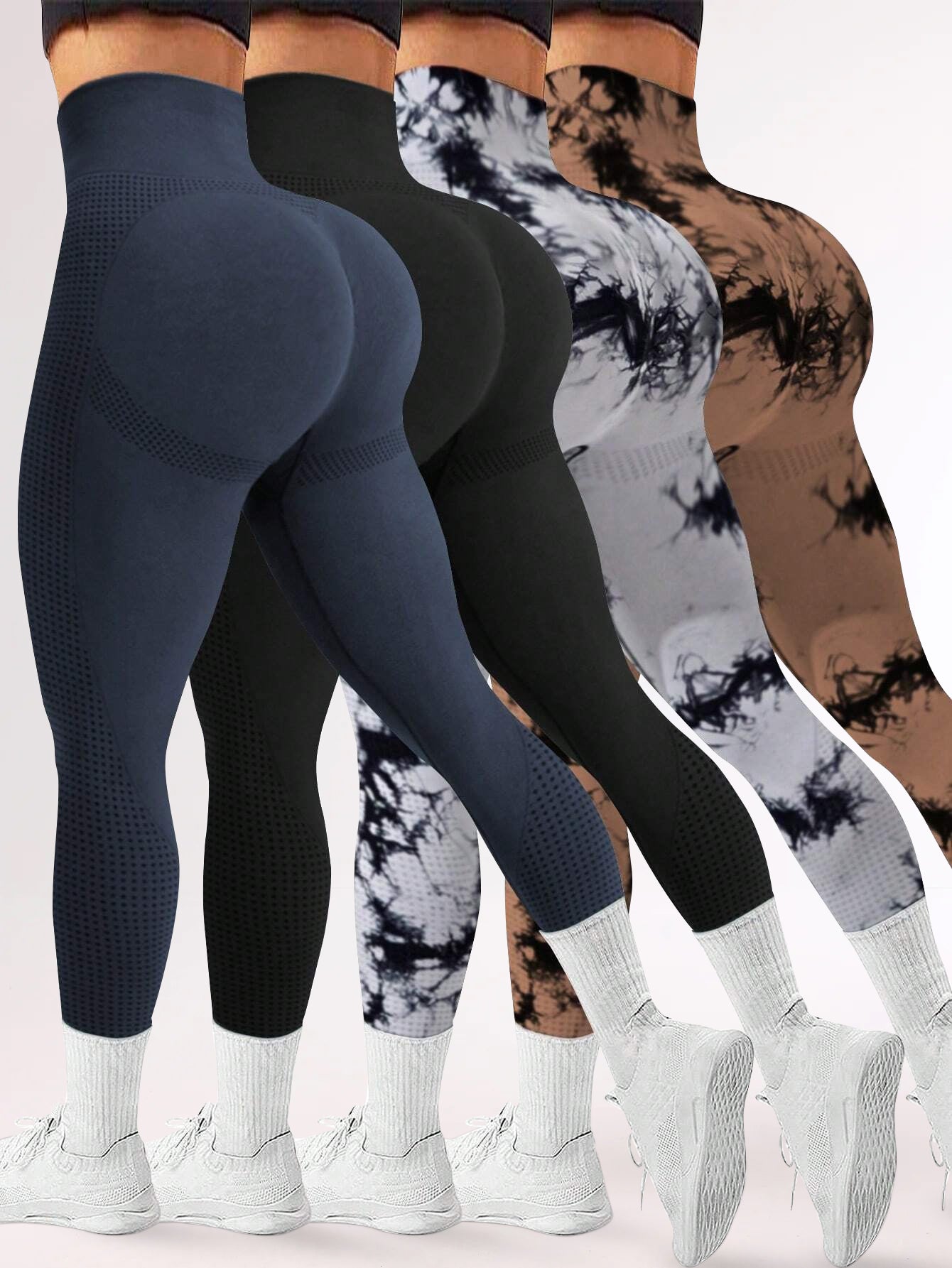 4-Piece High Waist Tie-Dye & Solid Butt Contour Legging Set